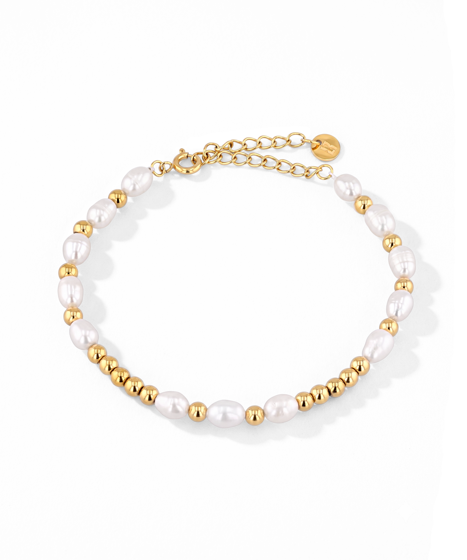 Moontide Gold Pearl Bracelet by Lavana with freshwater pearls, polished gold beads and extender chain