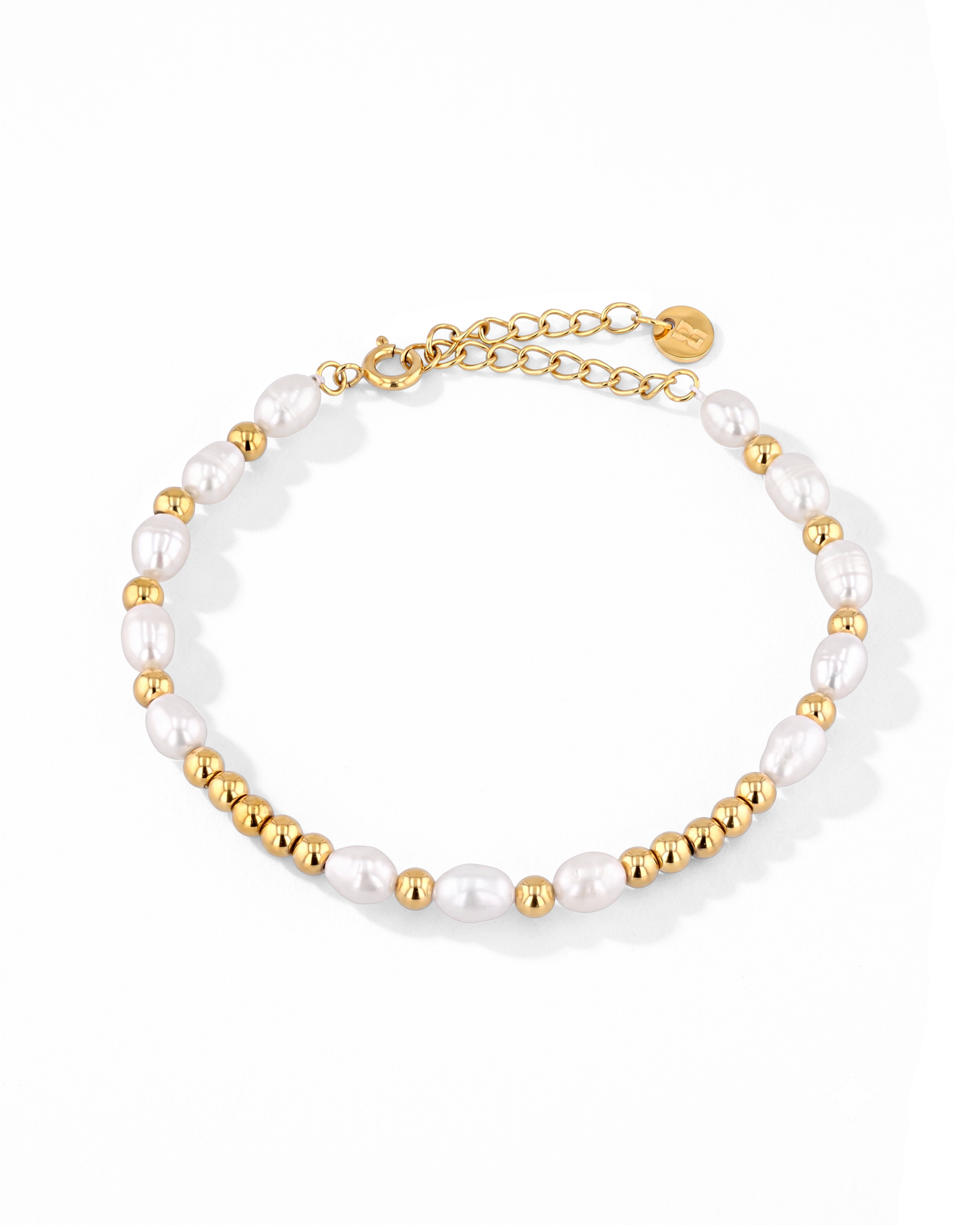 Moontide Gold Pearl Bracelet by Lavana with freshwater pearls, polished gold beads and extender chain