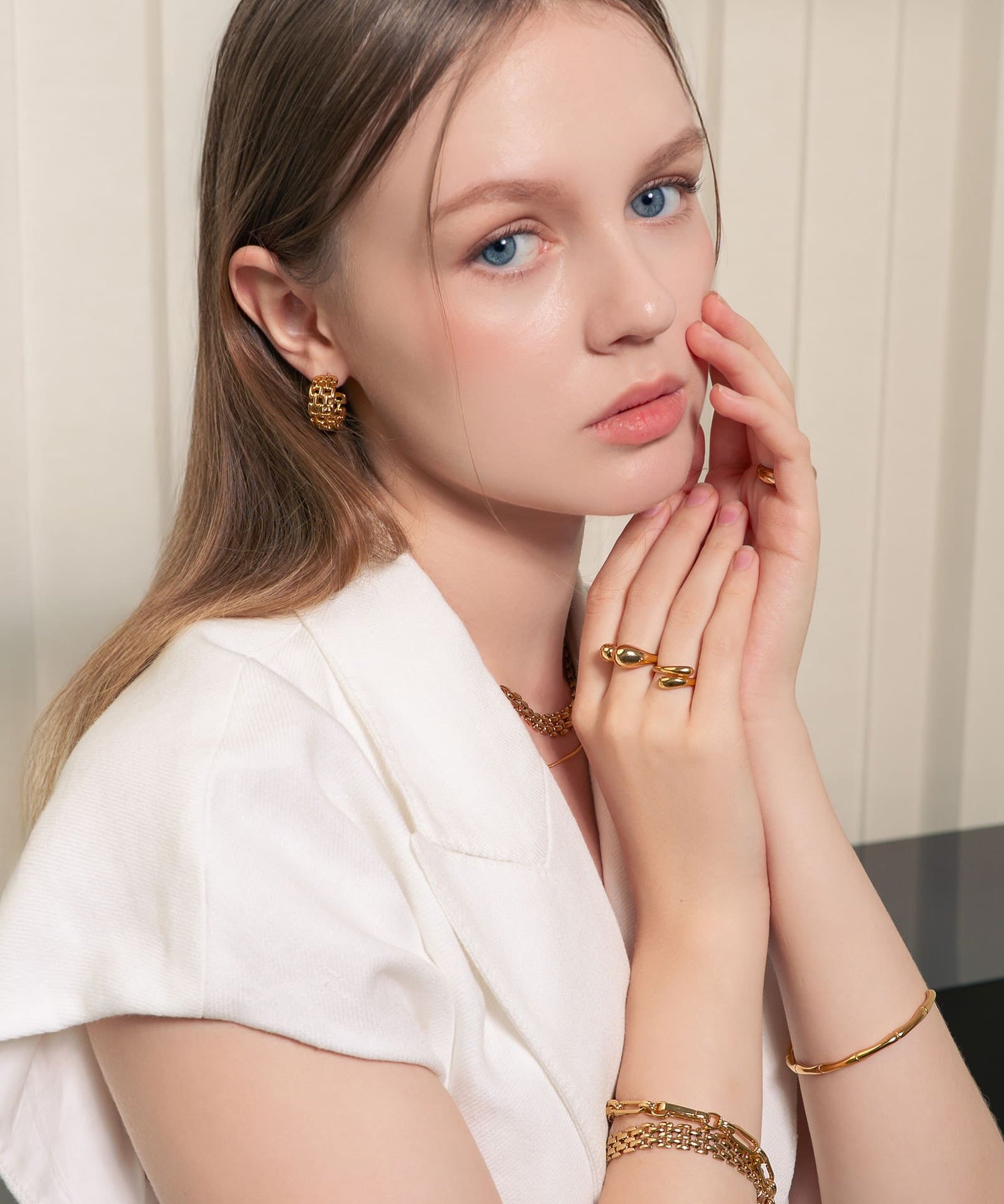 Multi Link Gold Hoop Earrings by LAVANA, on model wide chain link dress hoops design with polished finish