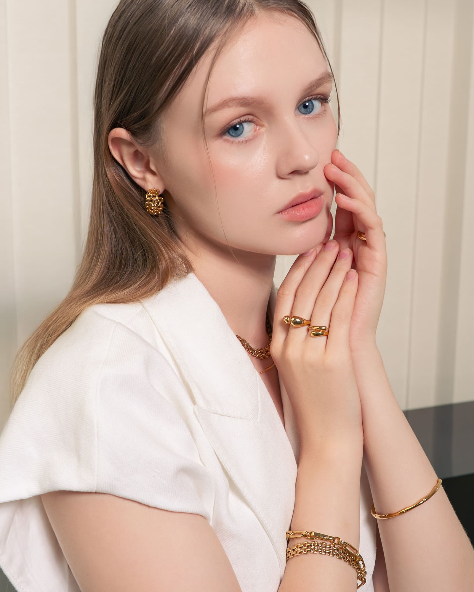 Multi Link Gold Hoop Earrings by LAVANA, on model wide chain link dress hoops design with polished finish