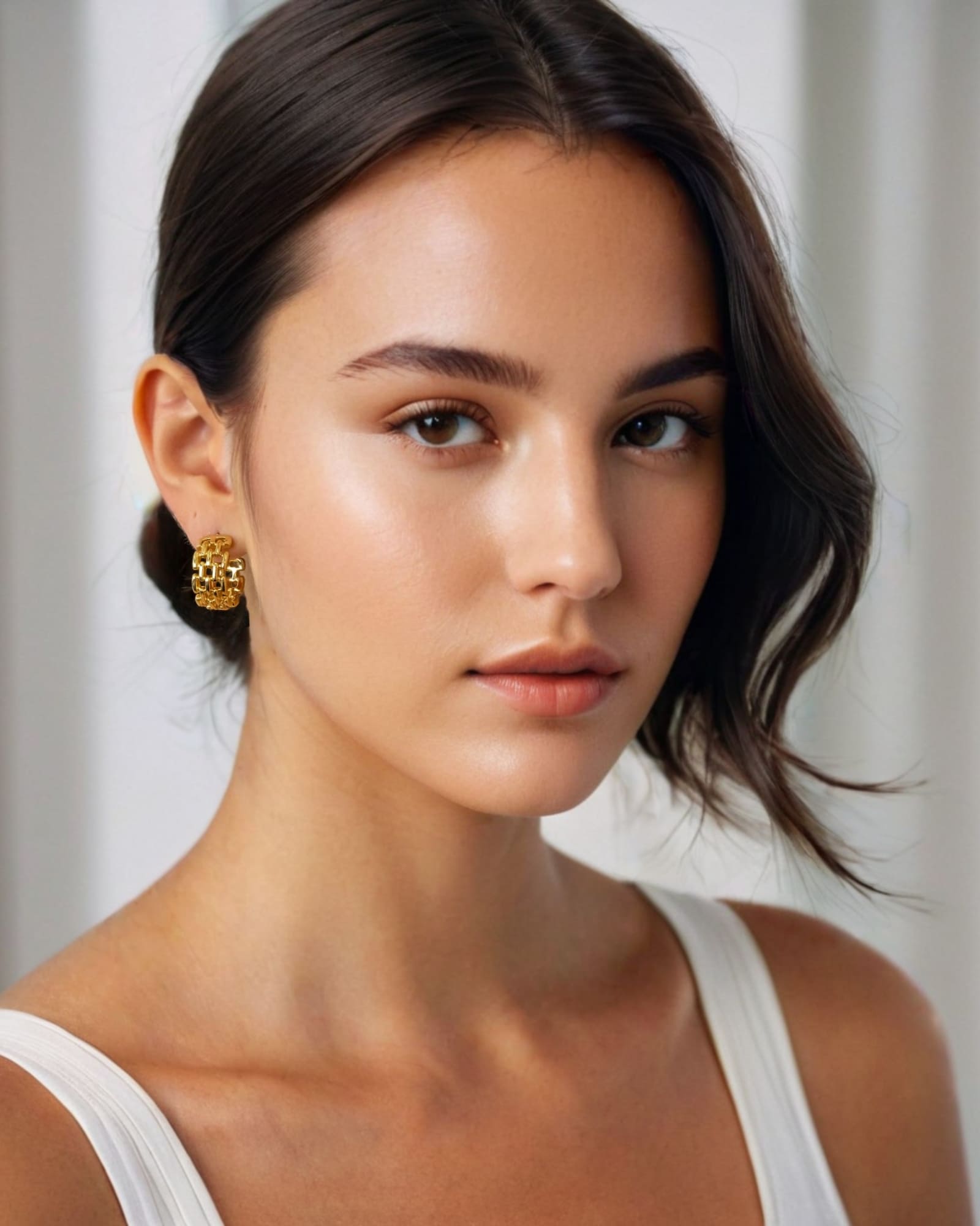 Multi Link Gold Hoop Earrings by Lavana, on model; wide chain link hoop design with polished finish