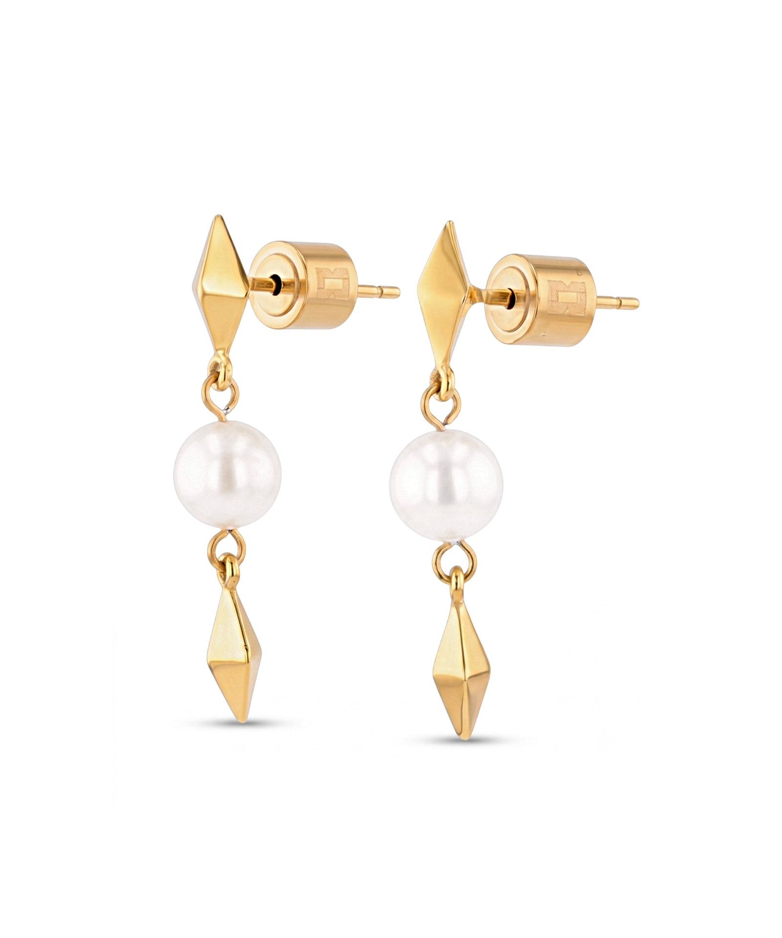 Mykonos Gold Pearl Earrings by LAVANA, freshwater pearl earrings with geometric drops
