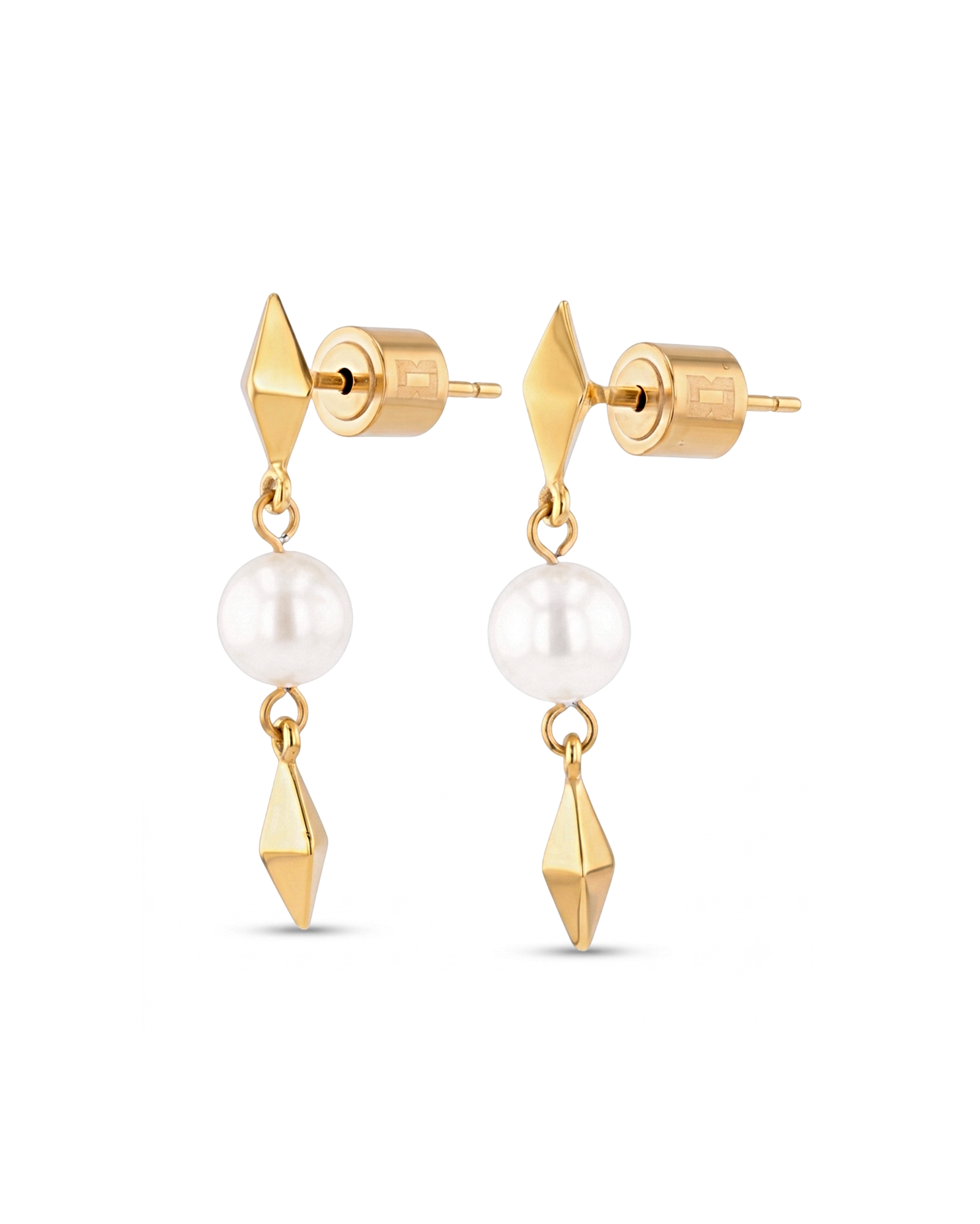Mykonos Gold Pearl Earrings by LAVANA, freshwater pearl earrings with geometric drops