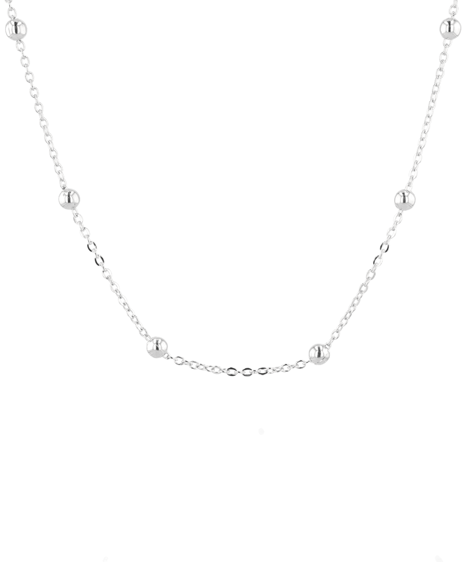 Nara Silver Station Chain Necklace by Lavana, with fine cable chain and polished bead stations, front view