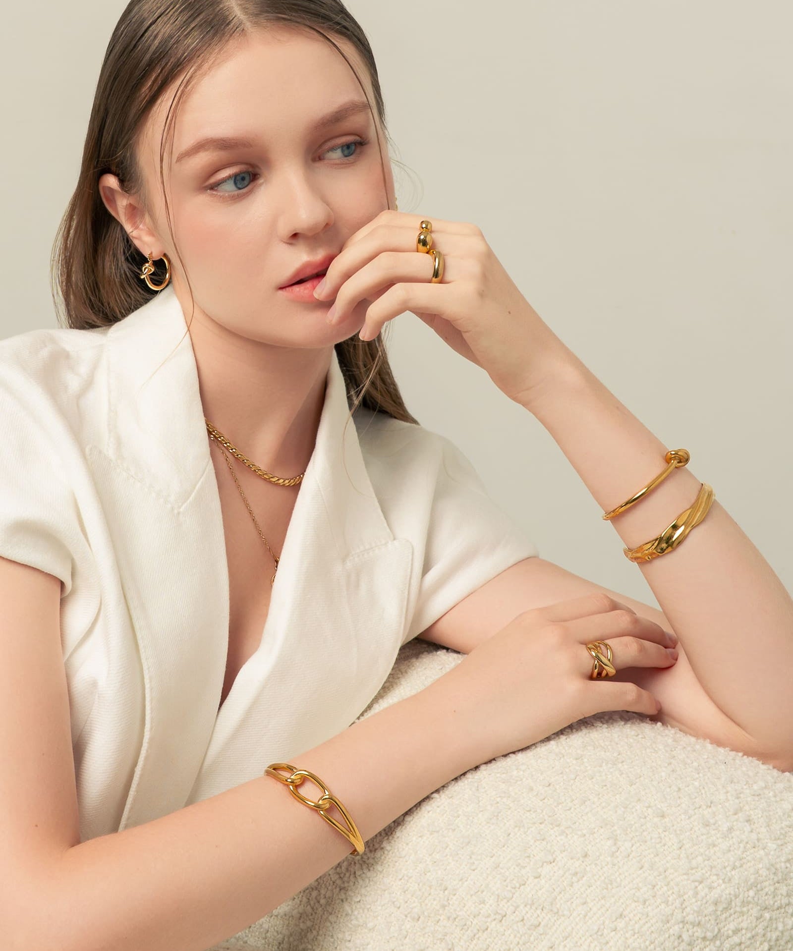 Ocean Whispers Gold Cuff Bracelet by Lavana, on model sculpted wave profile elegant cuff