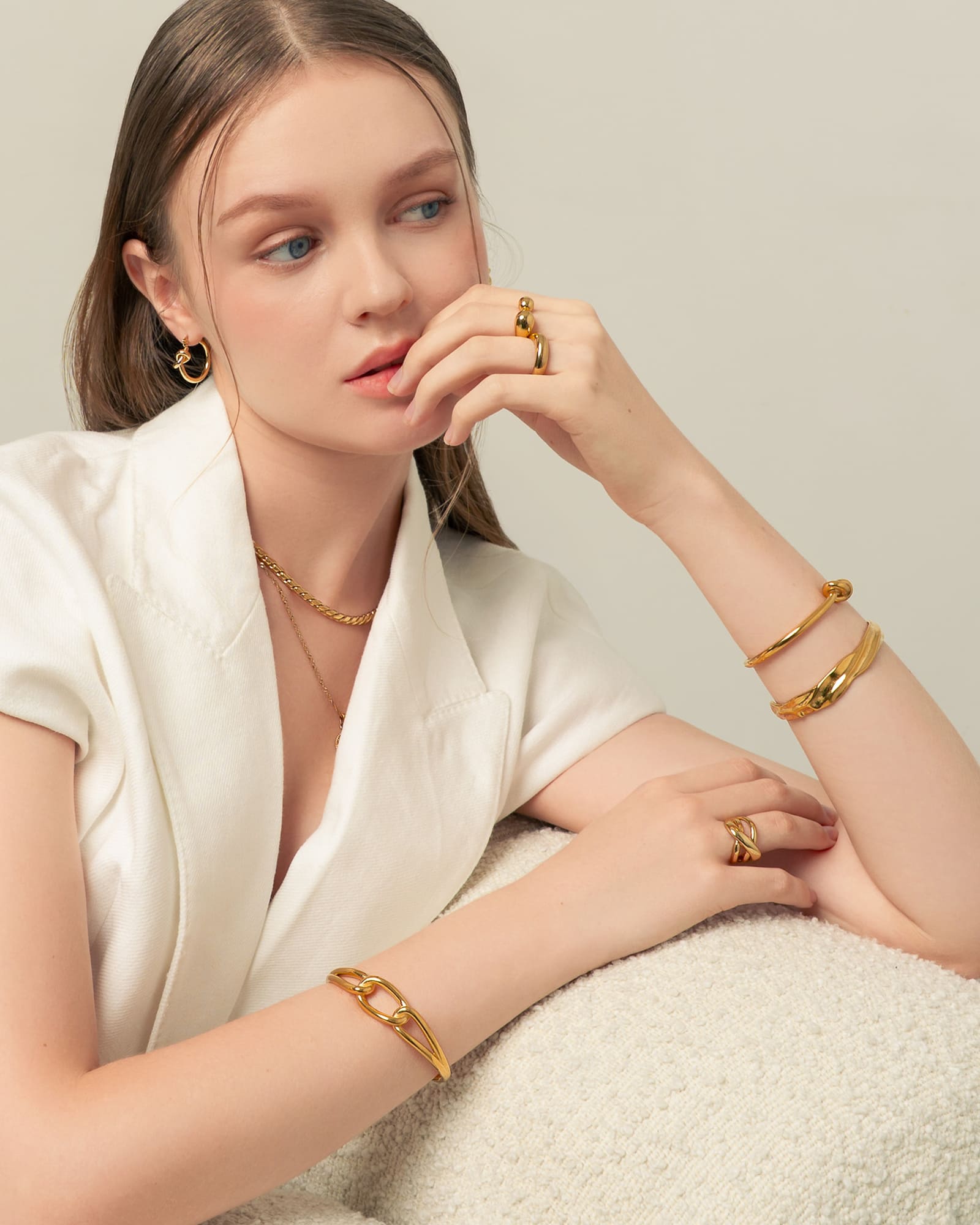 Ocean Whispers Gold Cuff Bracelet by Lavana, on model sculpted wave profile elegant cuff