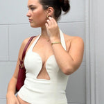 Ocean Whispers Gold Cuff Bracelet by LAVANA on model sculpted wave profile trendy cuff