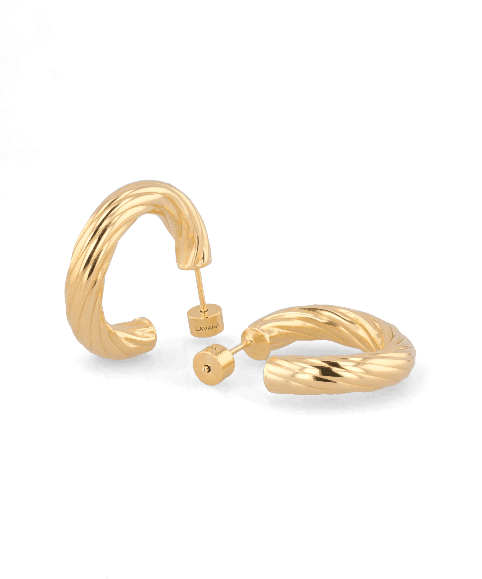 Oceania Gold Hoop Earrings by Lavana, open back wide hoops with wave ridge texture
