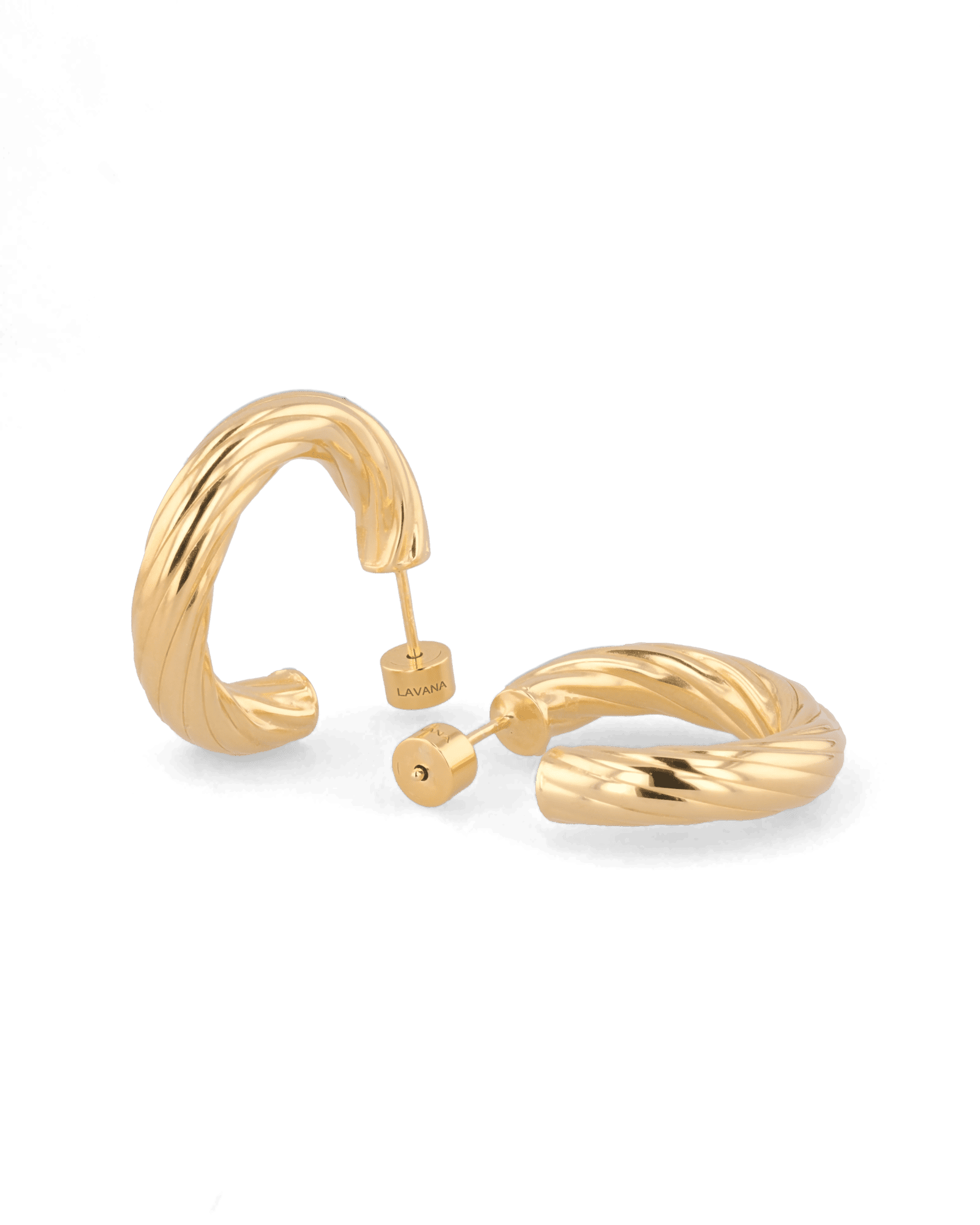 Oceania Gold Hoop Earrings by Lavana, open back wide hoops with wave ridge texture