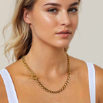 Off Duty T-Bar Gold Chain Necklace by Lavana, on model; chunky link chain with front T-bar toggle