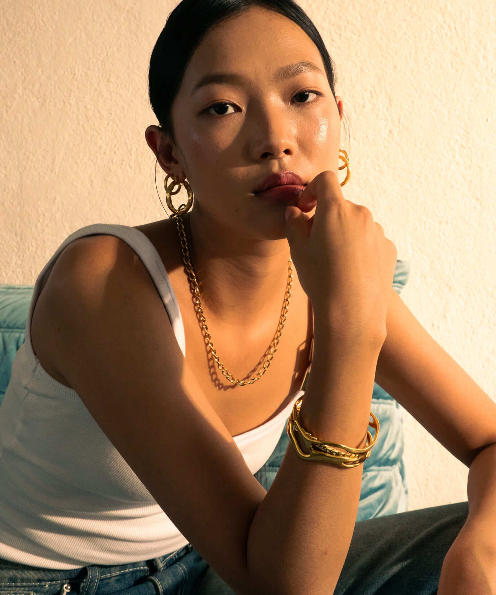 Off Duty T-Bar Gold Chain Necklace by Lavana, on model; modern chunky link chain with front T-bar toggle