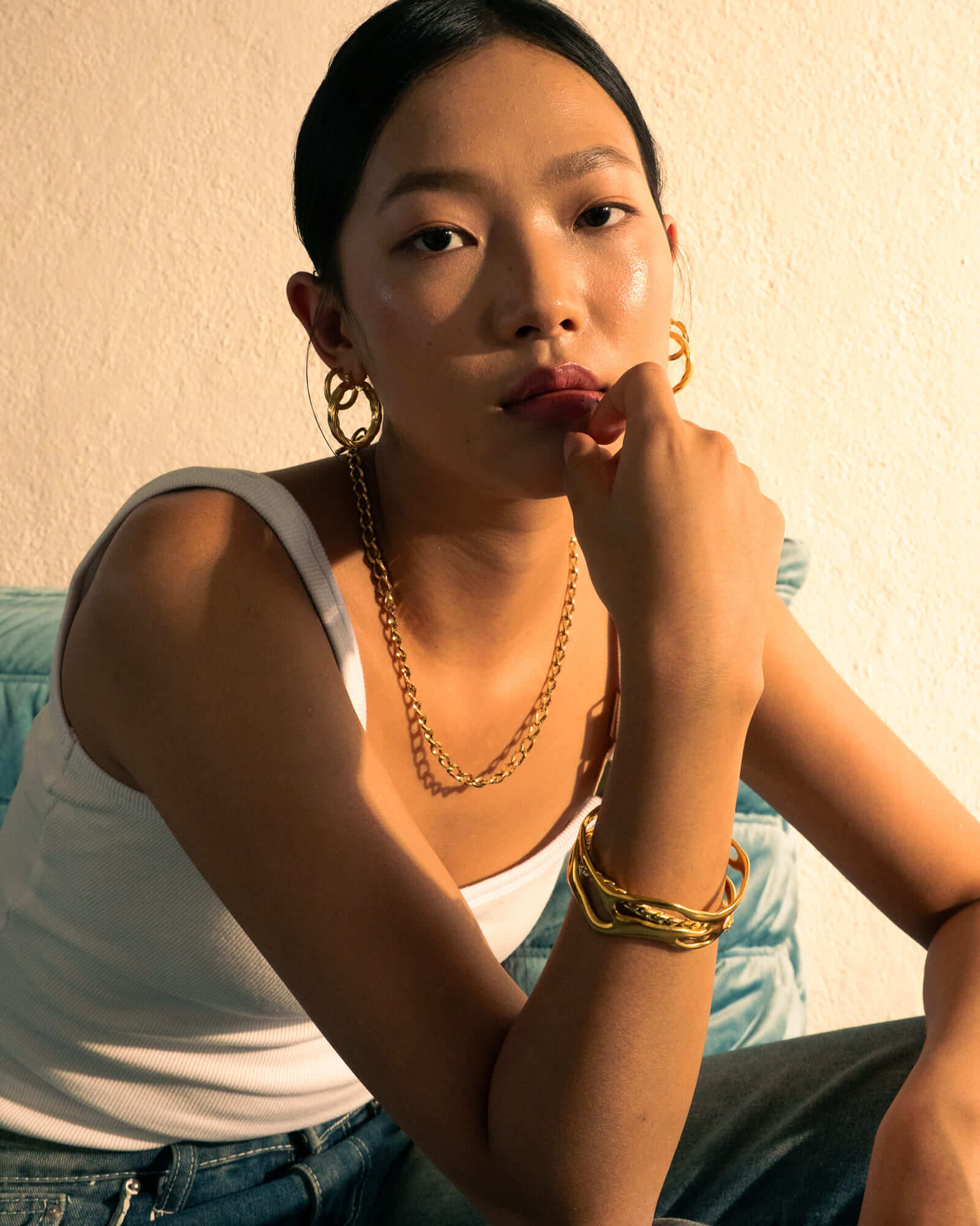 Off Duty T-Bar Gold Chain Necklace by Lavana, on model; modern chunky link chain with front T-bar toggle