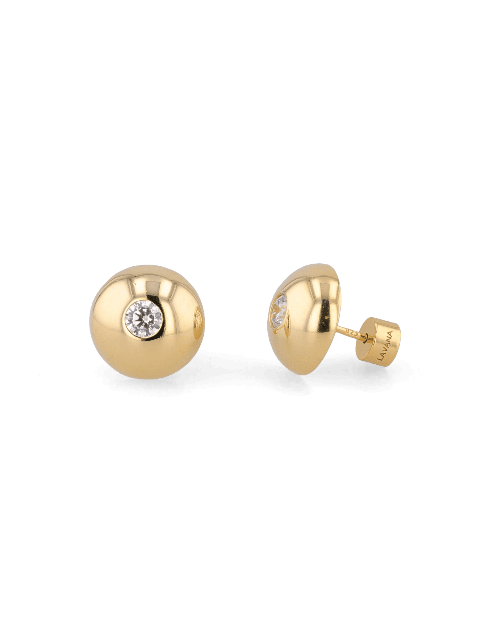 Orbit Gold Stud Earrings Large by LAVANA with rounded bezel and central lab grown diamond