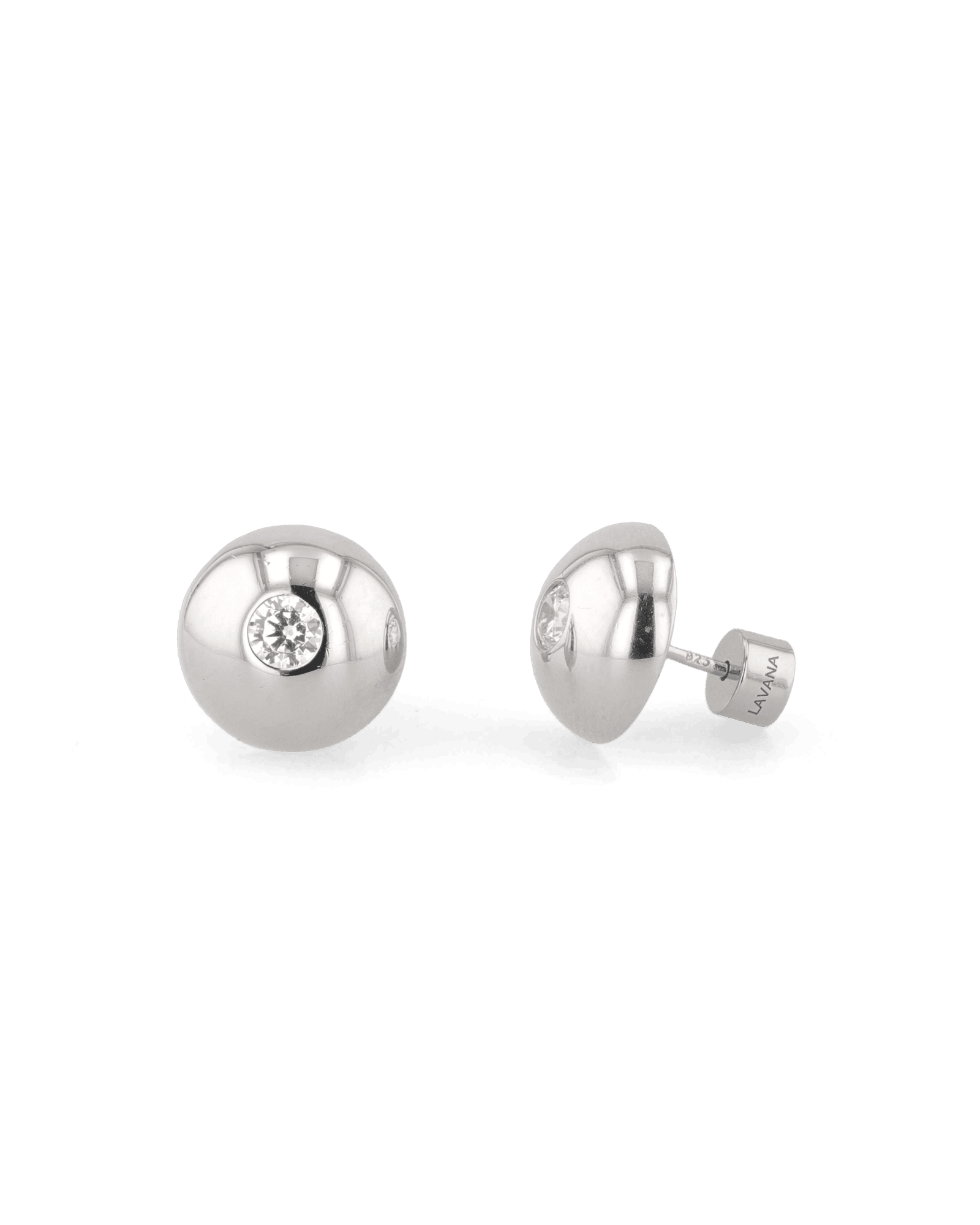 Orbit Silver Stud Earrings Large by LAVANA with rounded bezel and central lab grown diamond