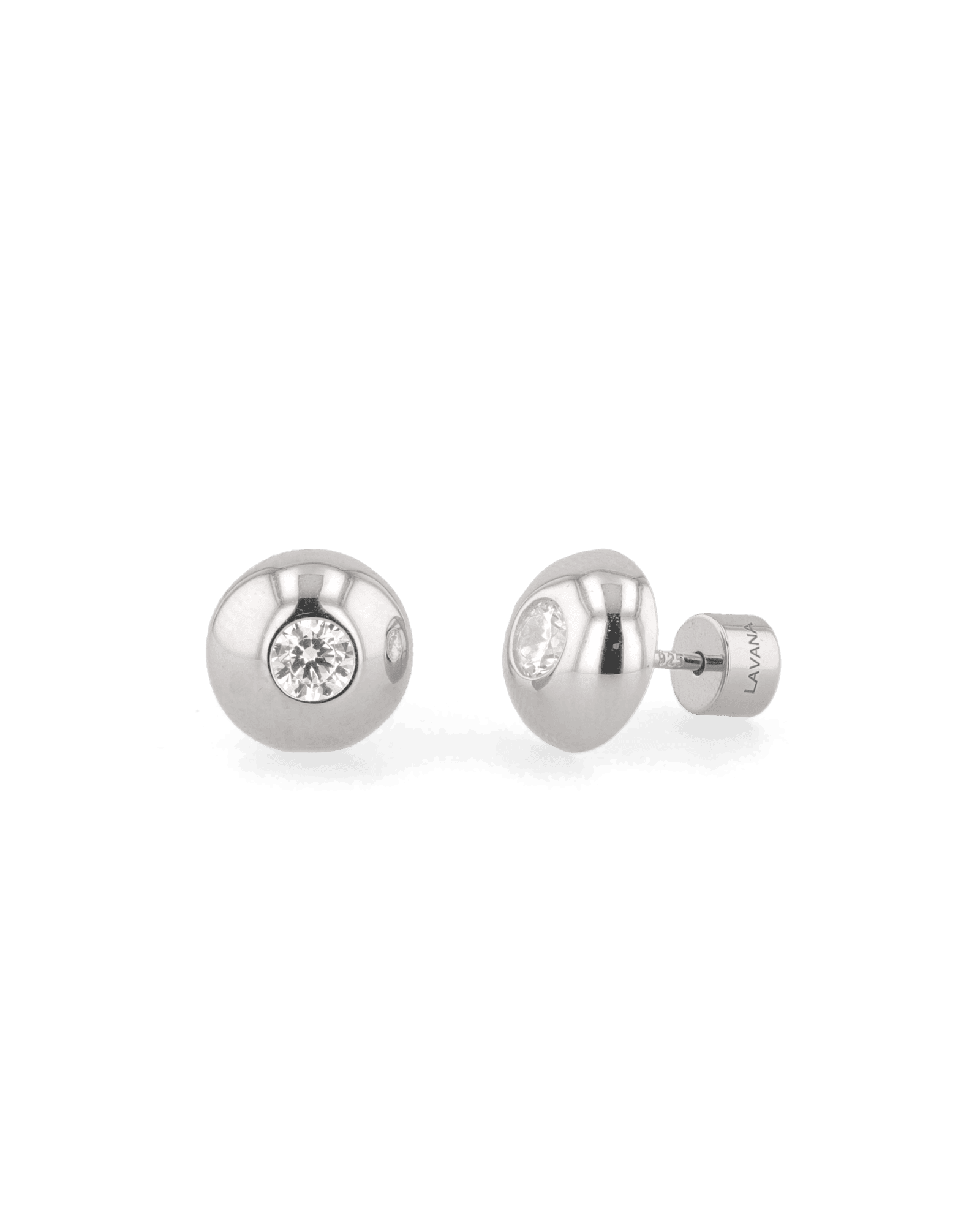 Orbit Silver Stud Earrings Small by LAVANA with rounded bezel and central lab grown diamond