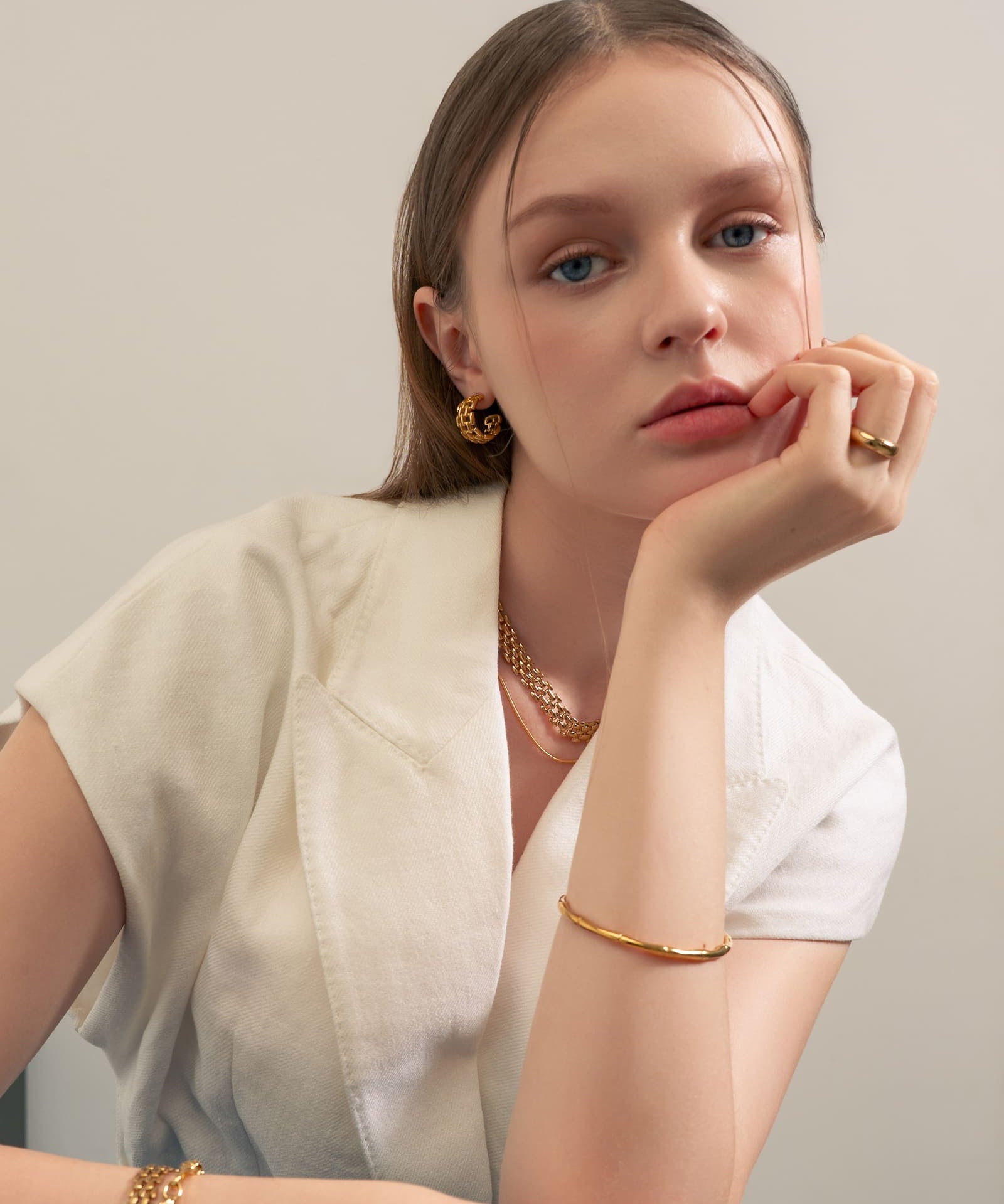 Panther Link Gold Chain Necklace by Lavana, on model chunky polished sleek panther links