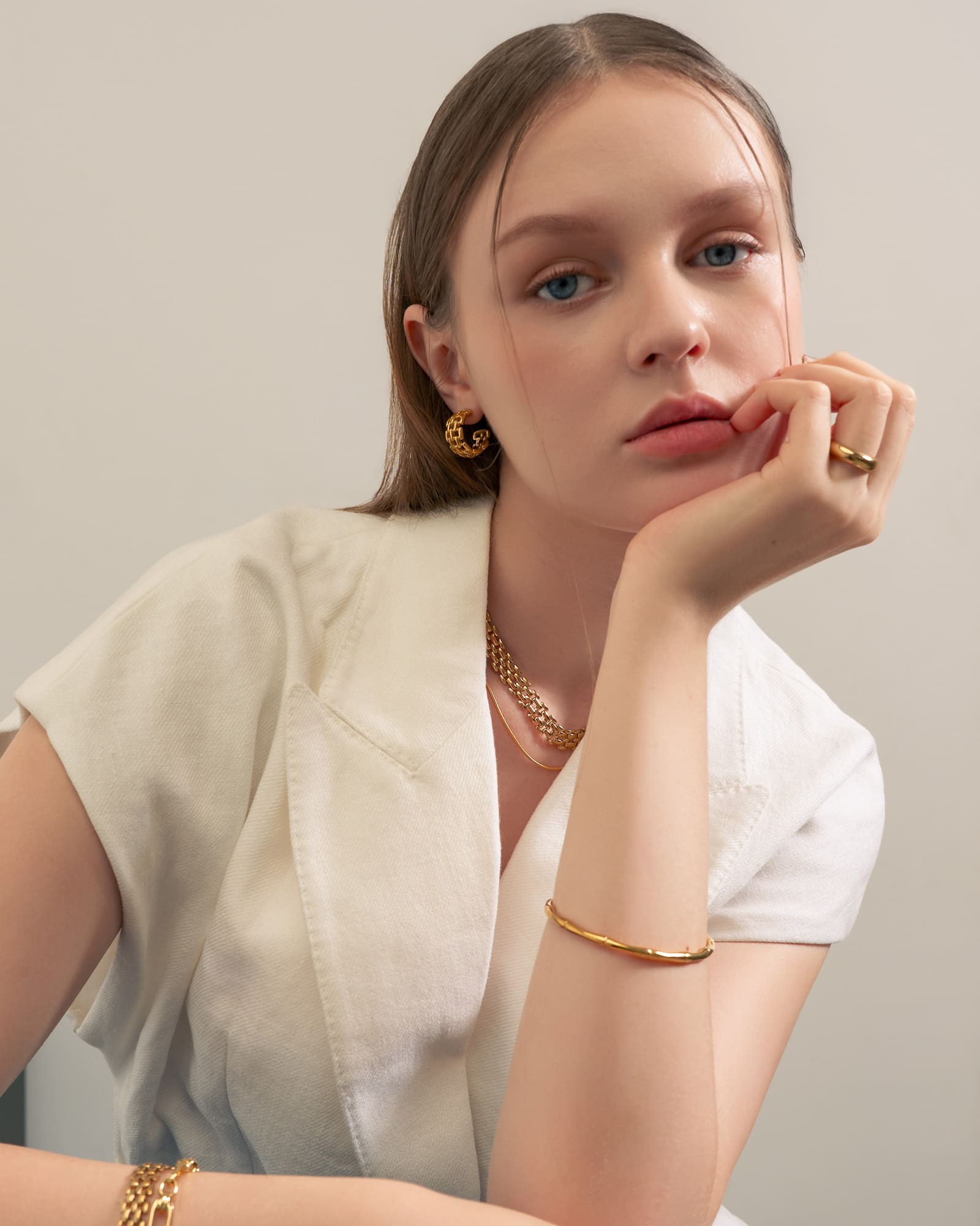 Panther Link Gold Chain Necklace by Lavana, on model chunky polished sleek panther links