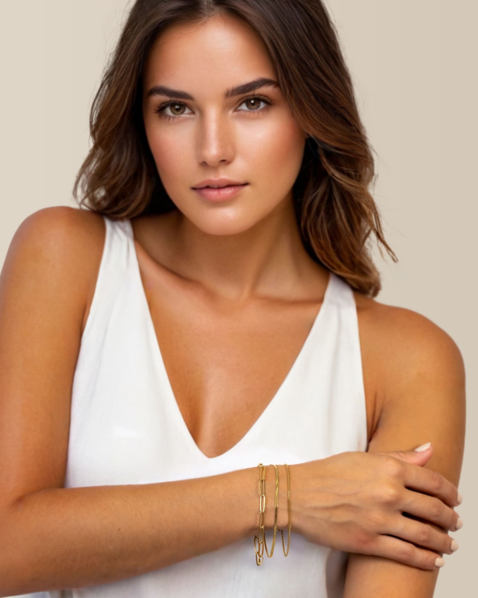 Paperclip Trinity Gold Bracelet Set by Lavana on model paperclip snake and cable chains