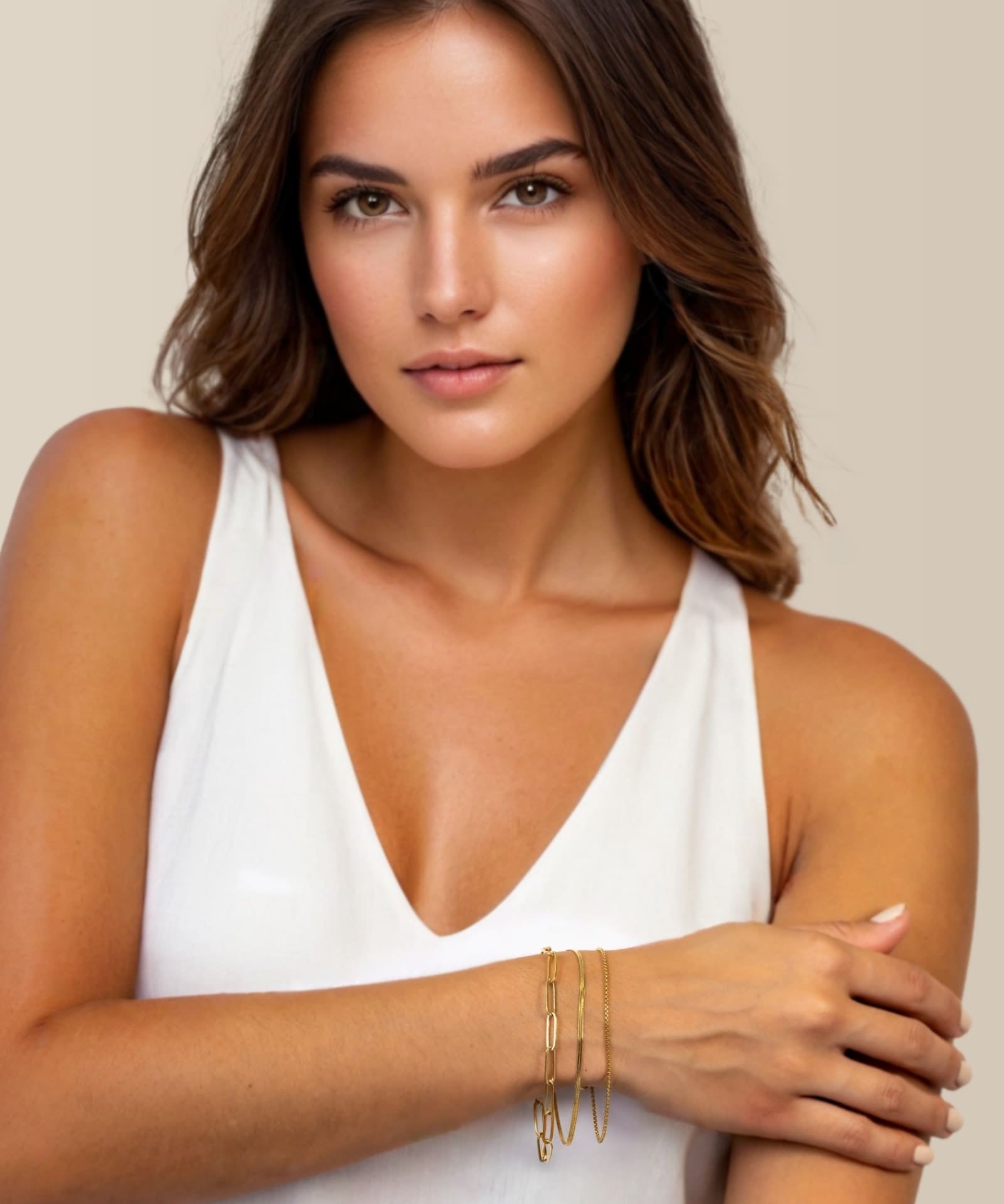 Paperclip Trinity Gold Bracelet Set by Lavana on model paperclip snake and cable chains