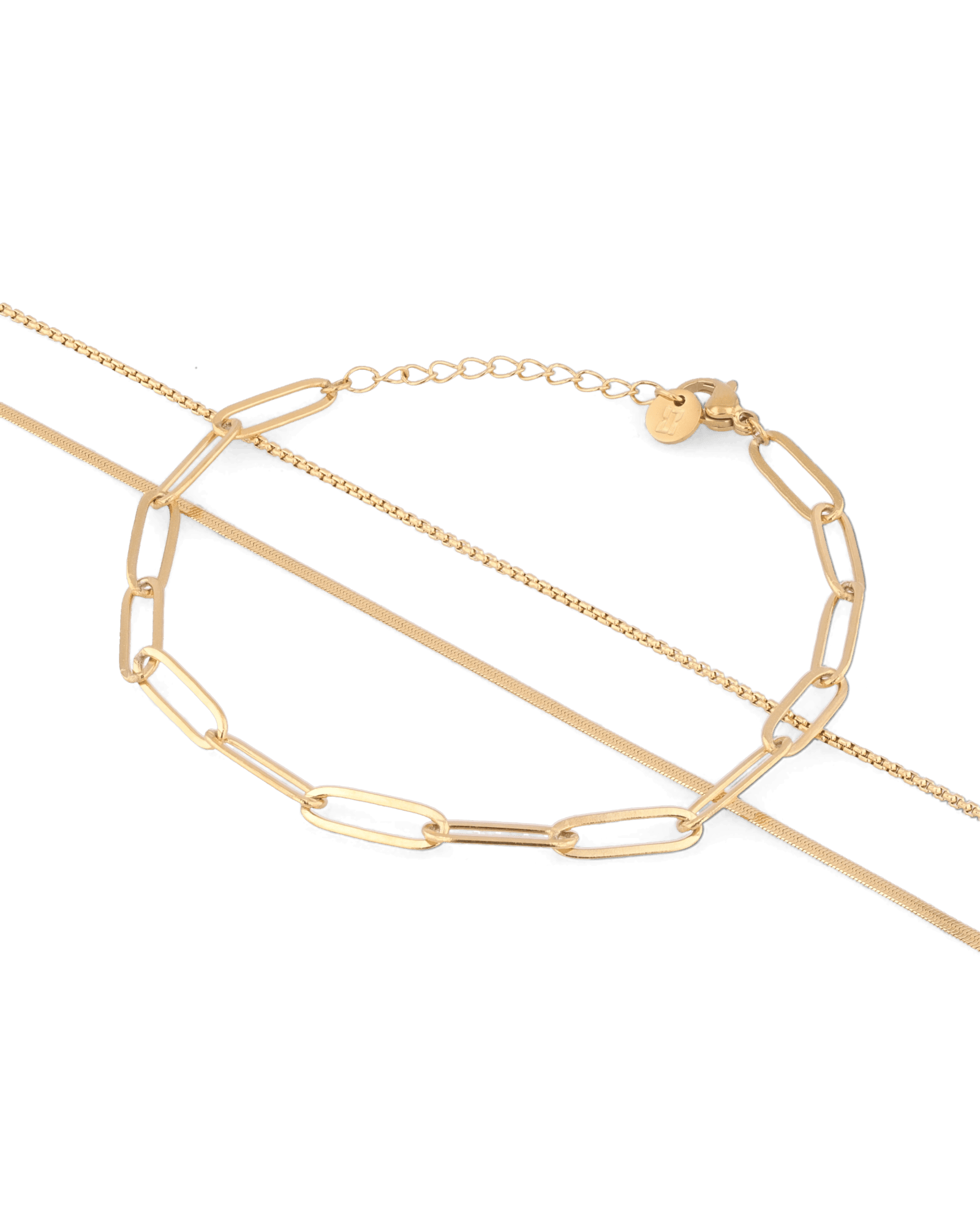 Paperclip Trinity Gold Bracelet Set by Lavana, paperclip, snake, and cable chains - 1