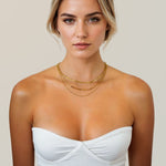 Paperclip Trinity Gold Chain Necklace Set by Lavana; on model; three layered chains with paperclip middle