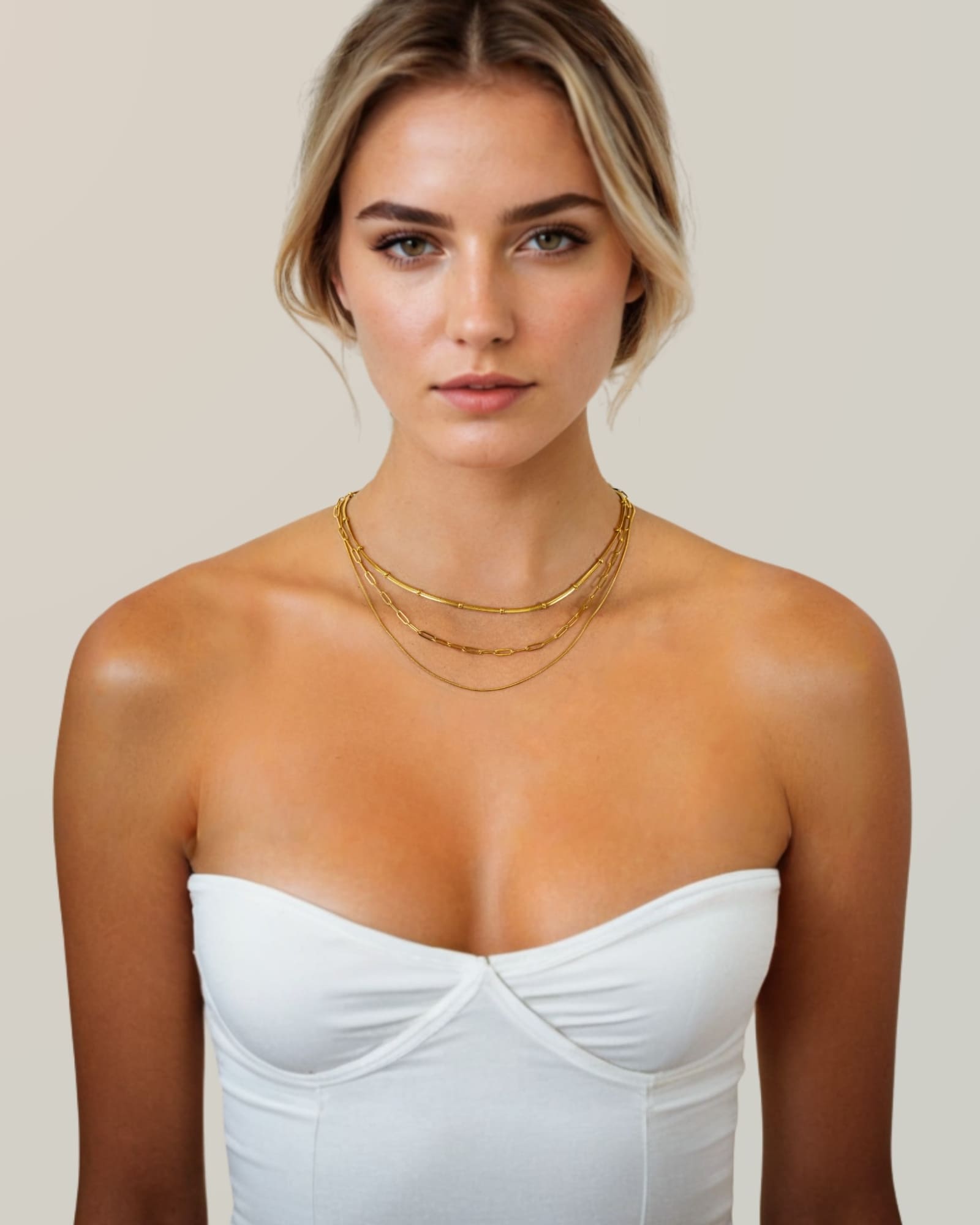 Paperclip Trinity Gold Chain Necklace Set by Lavana; on model; three layered chains with paperclip middle