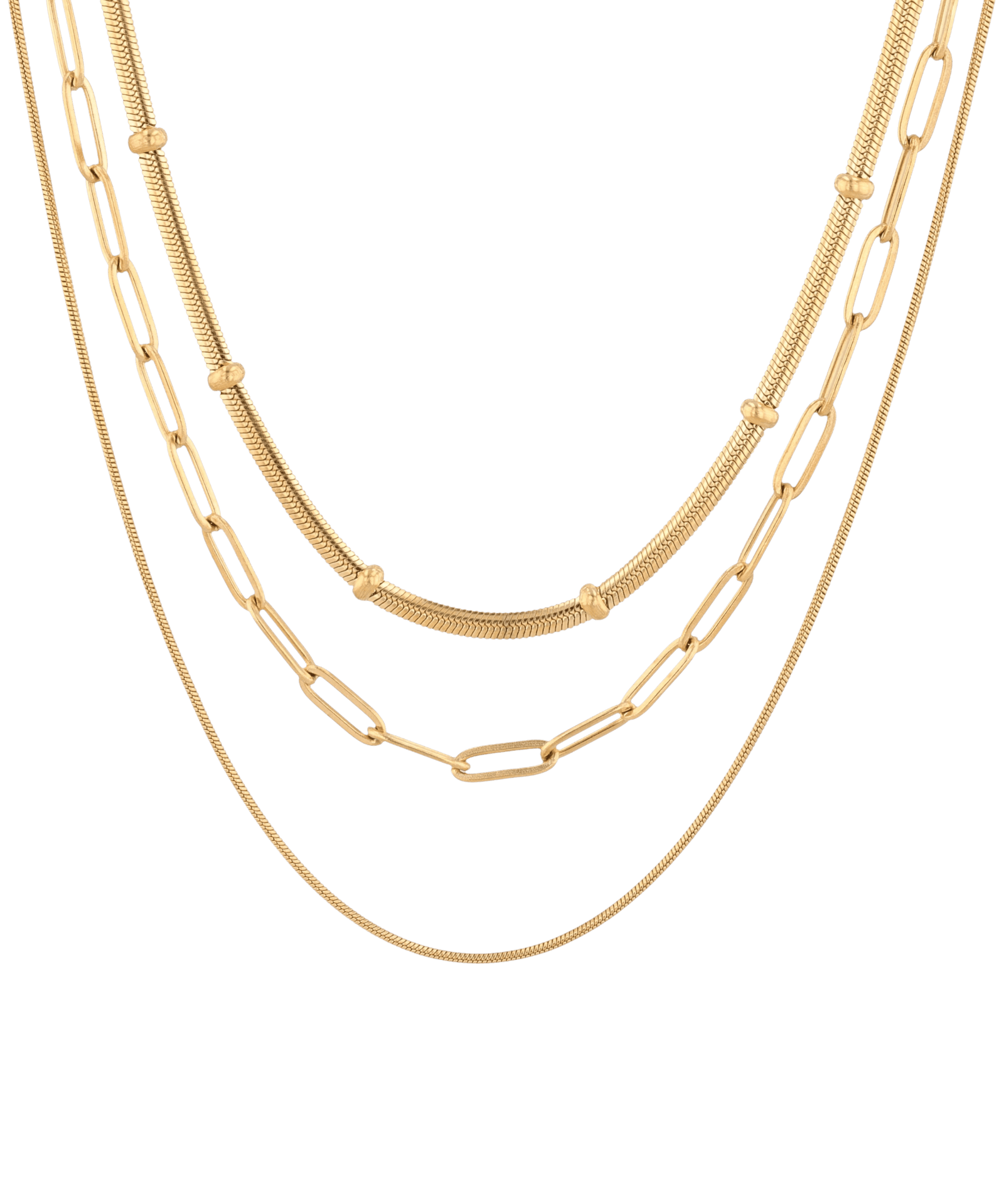 Paperclip Trinity Gold Chain Necklace Set by Lavana, three layered chains with paperclip middle