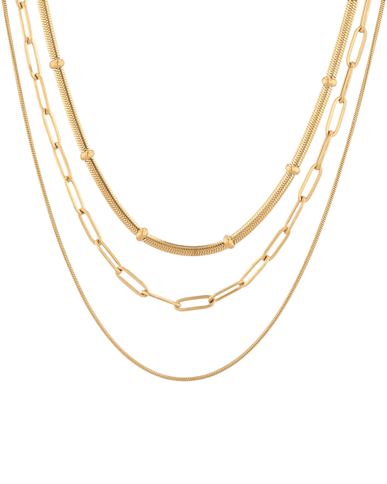 Paperclip Trinity Gold Chain Necklace Set by Lavana, three layered chains with paperclip middle