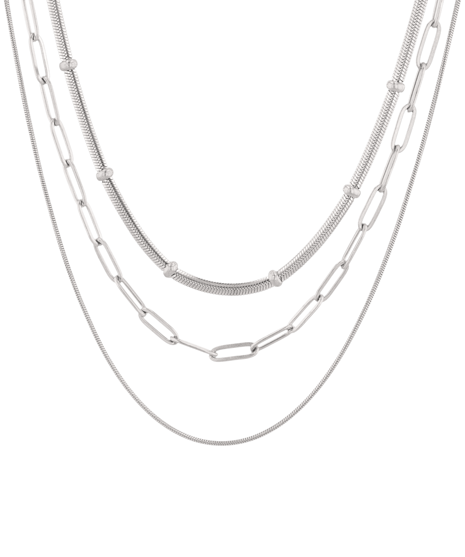 Paperclip Trinity Silver Chain Necklace Set by Lavana, three layered chains with paperclip middle