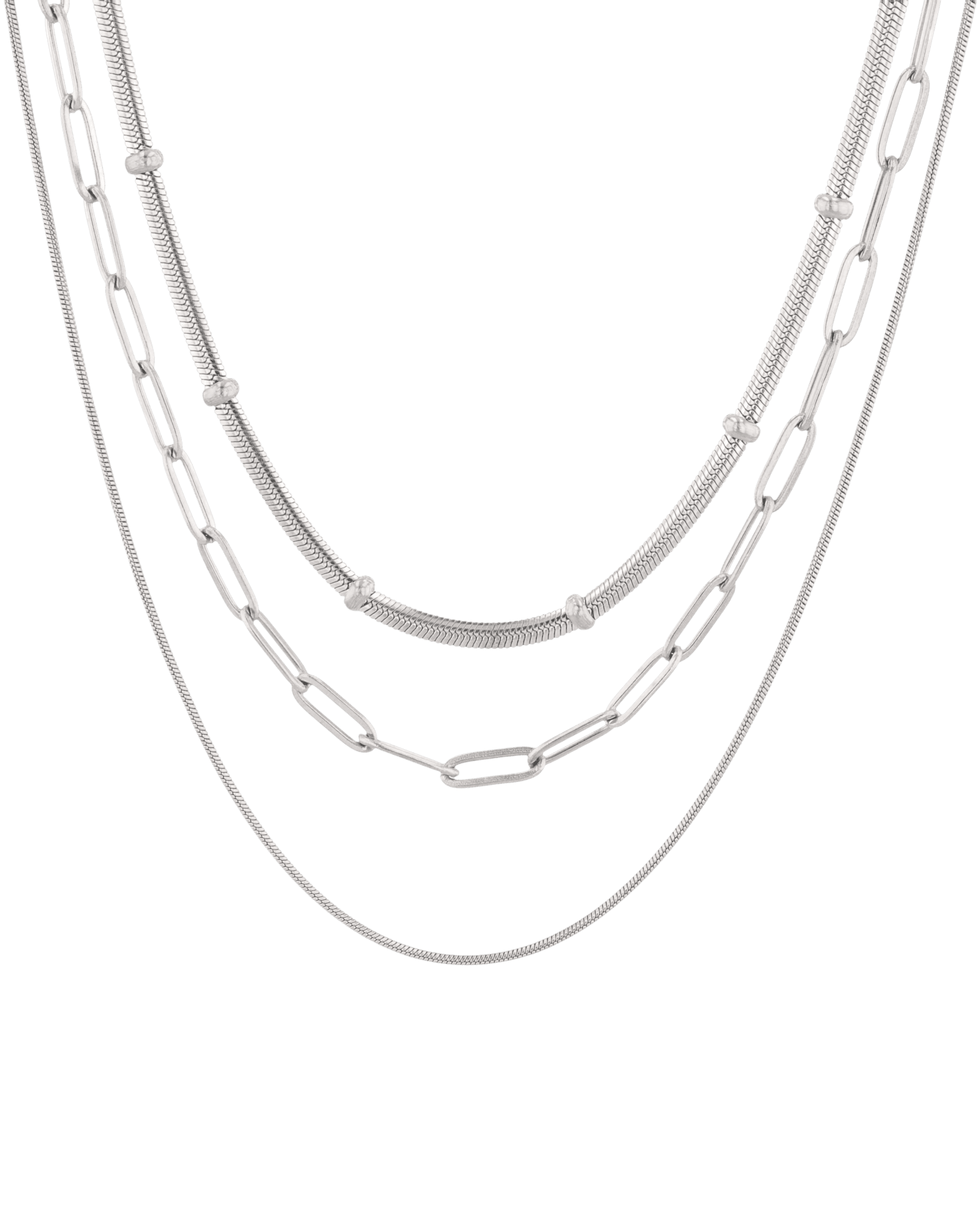 Paperclip Trinity Silver Chain Necklace Set by Lavana, three layered chains with paperclip middle