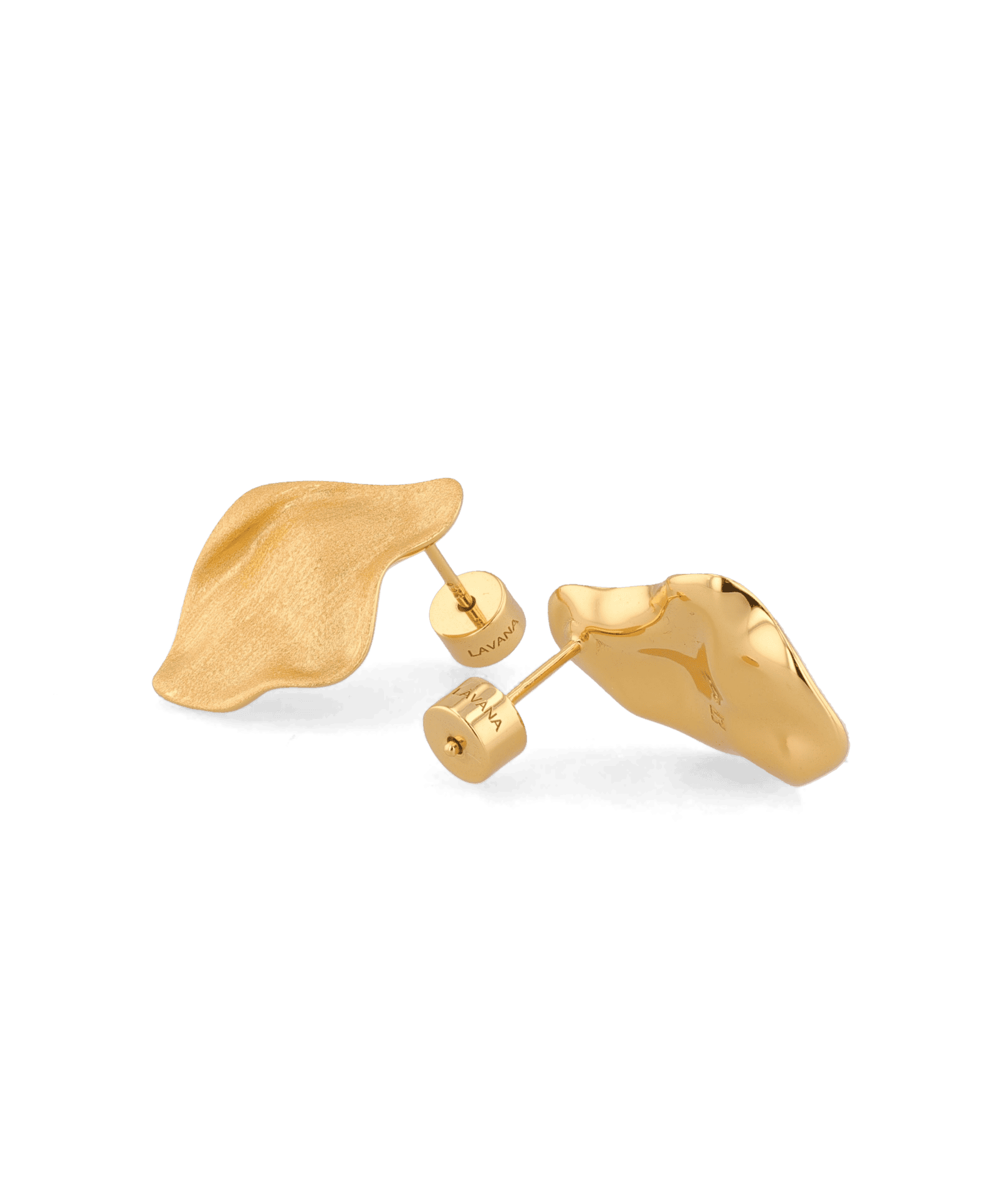 Pearlescent gold brushed statement stud earrings by Lavana, with organic sculptural shape