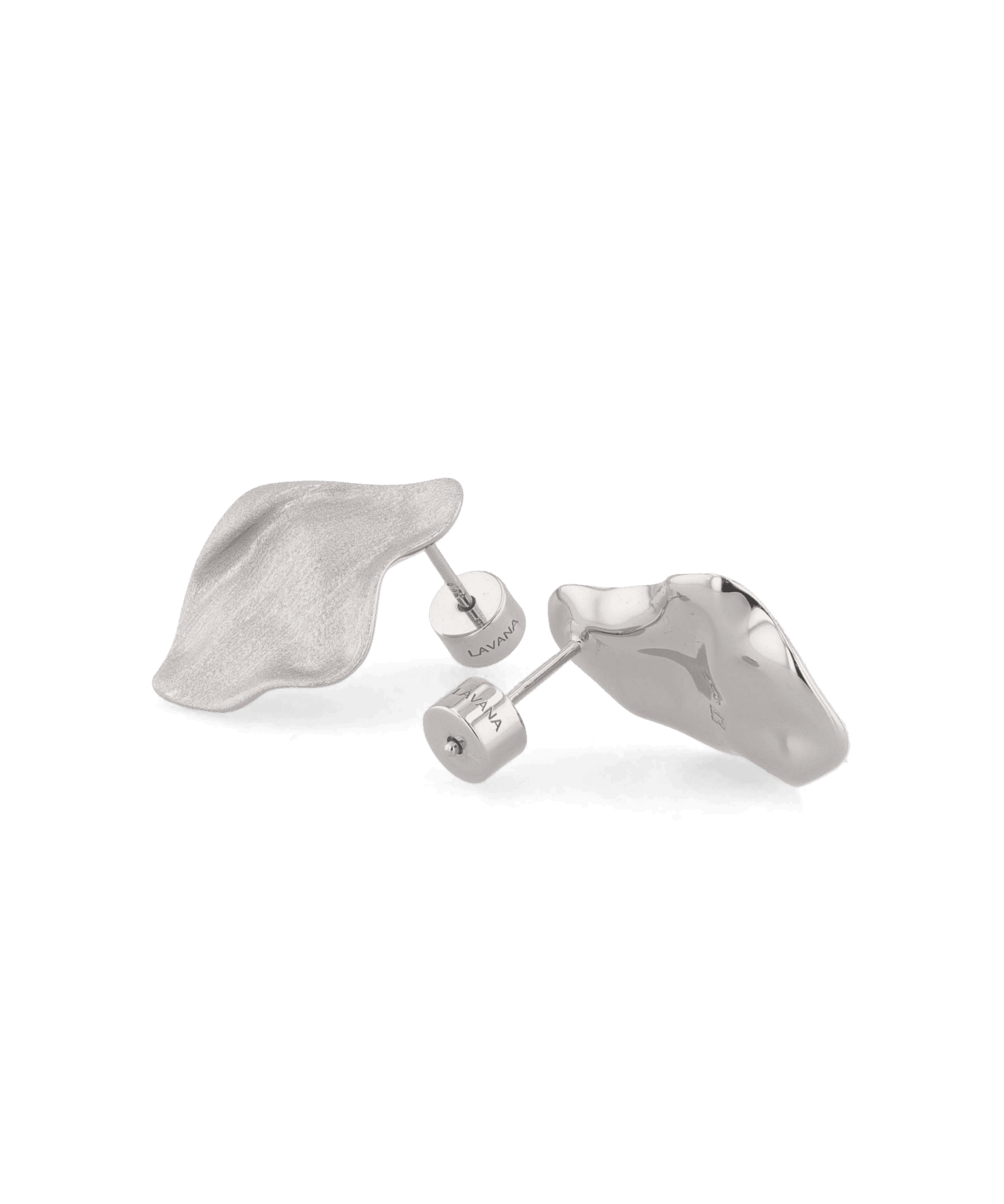 Pearlescent silver brushed statement stud earrings by Lavana, with organic sculptural shape