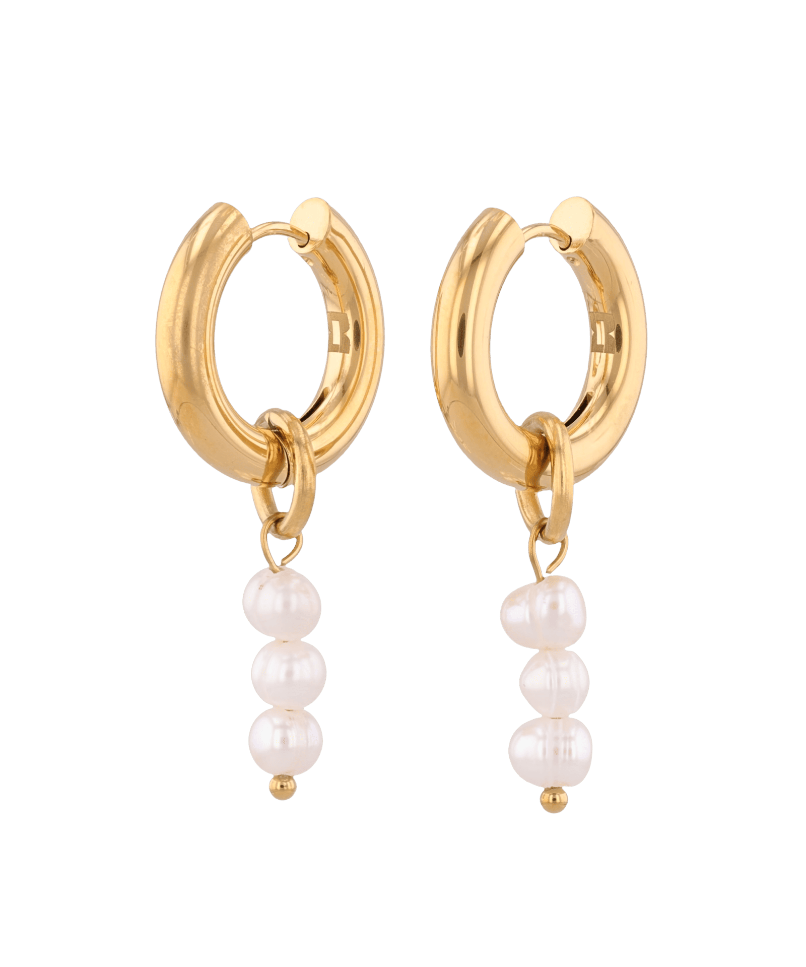 Pebble Pearl Charm Gold Huggie Earrings by LAVANA, domed huggies with three freshwater pearl charms