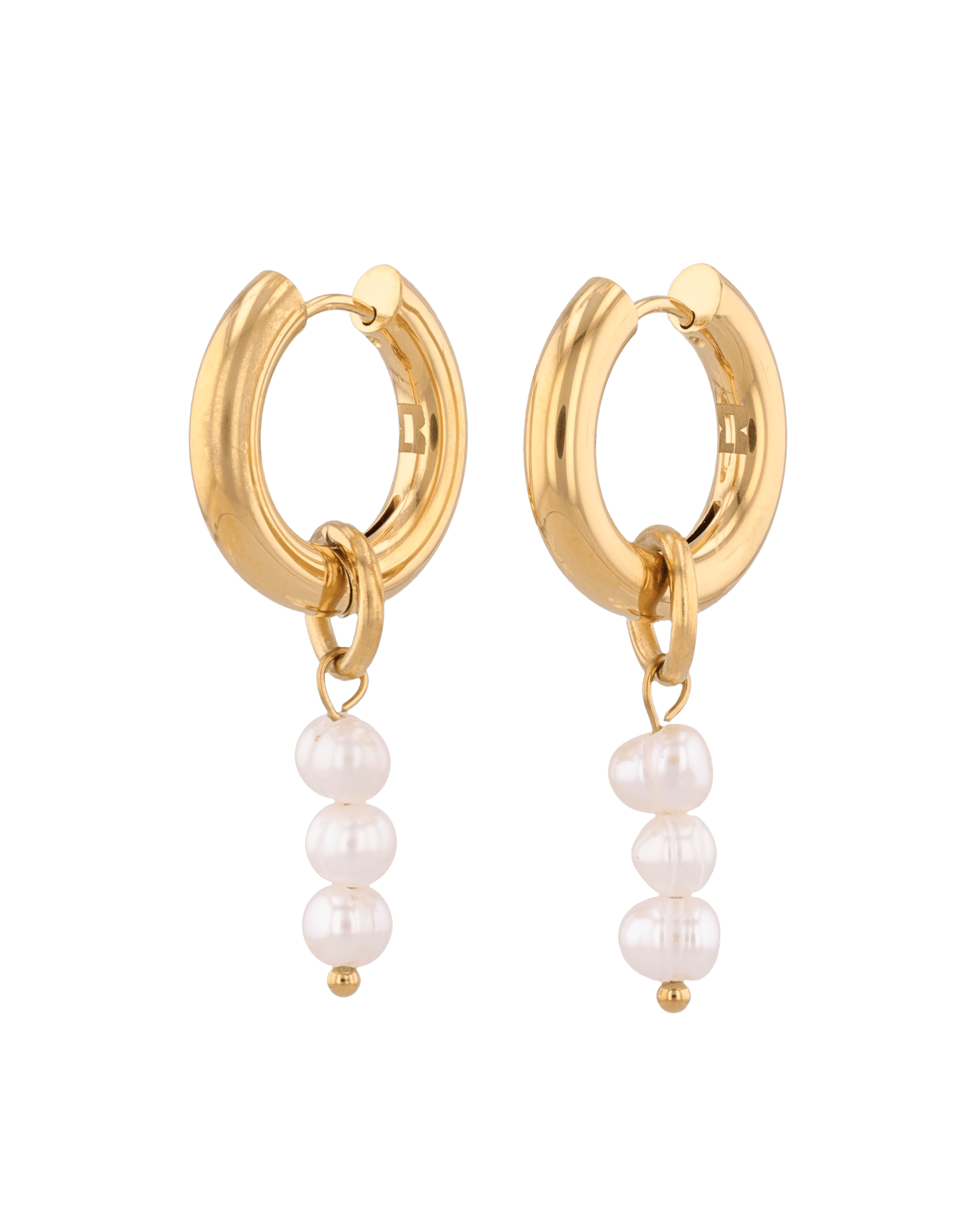 Pebble Pearl Charm Gold Huggie Earrings by LAVANA, domed huggies with three freshwater pearl charms