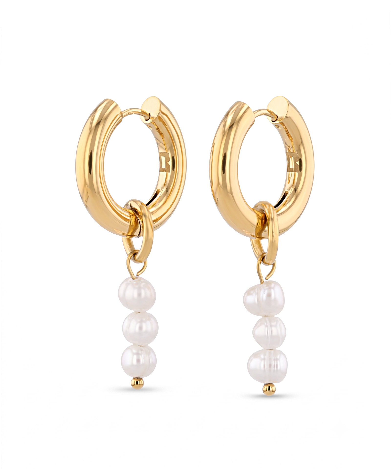 Pebble Pearl Charm Gold Huggie Earrings by LAVANA, domed huggies with three freshwater pearl charms