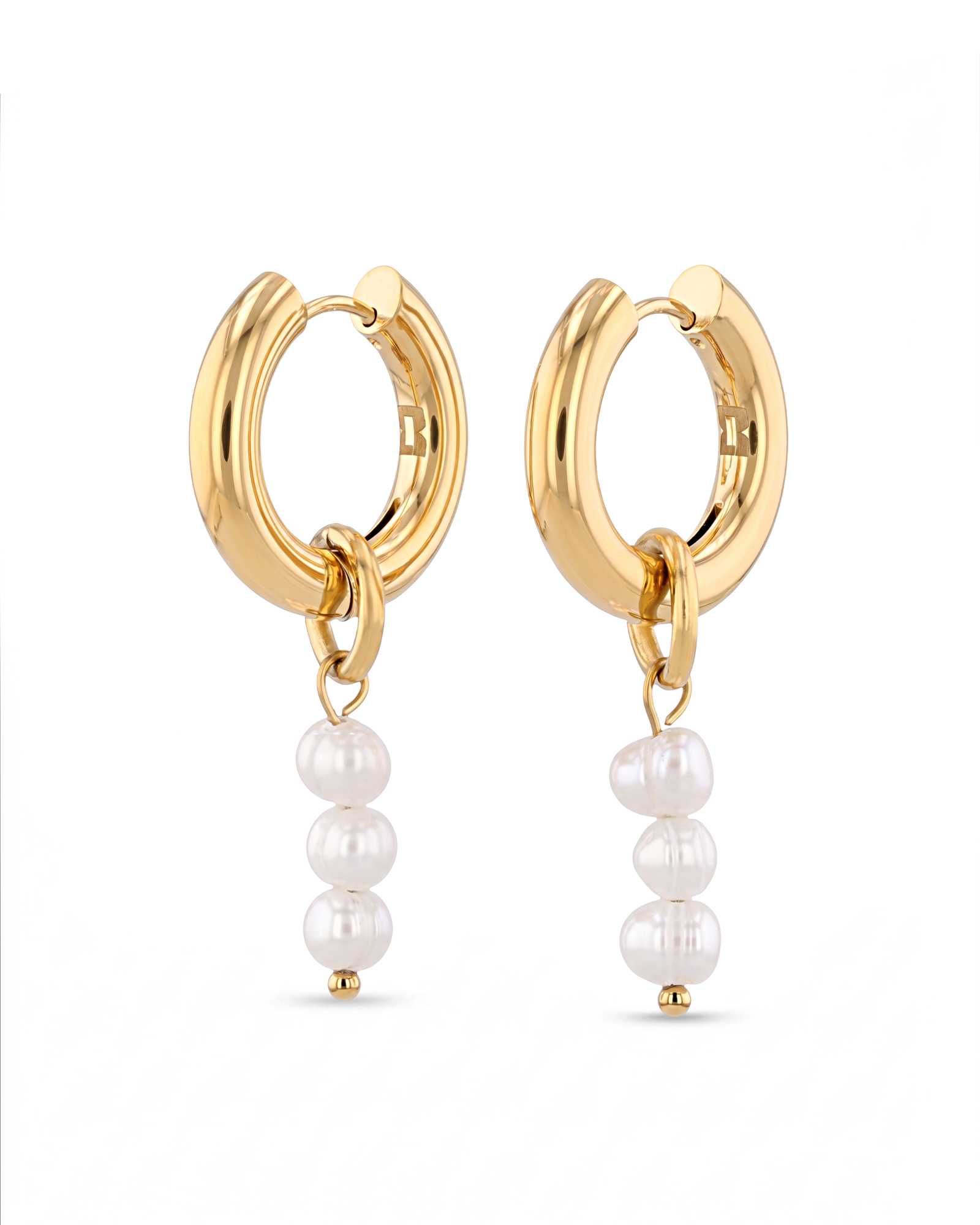 Pebble Pearl Charm Gold Huggie Earrings by LAVANA, domed huggies with three freshwater pearl charms