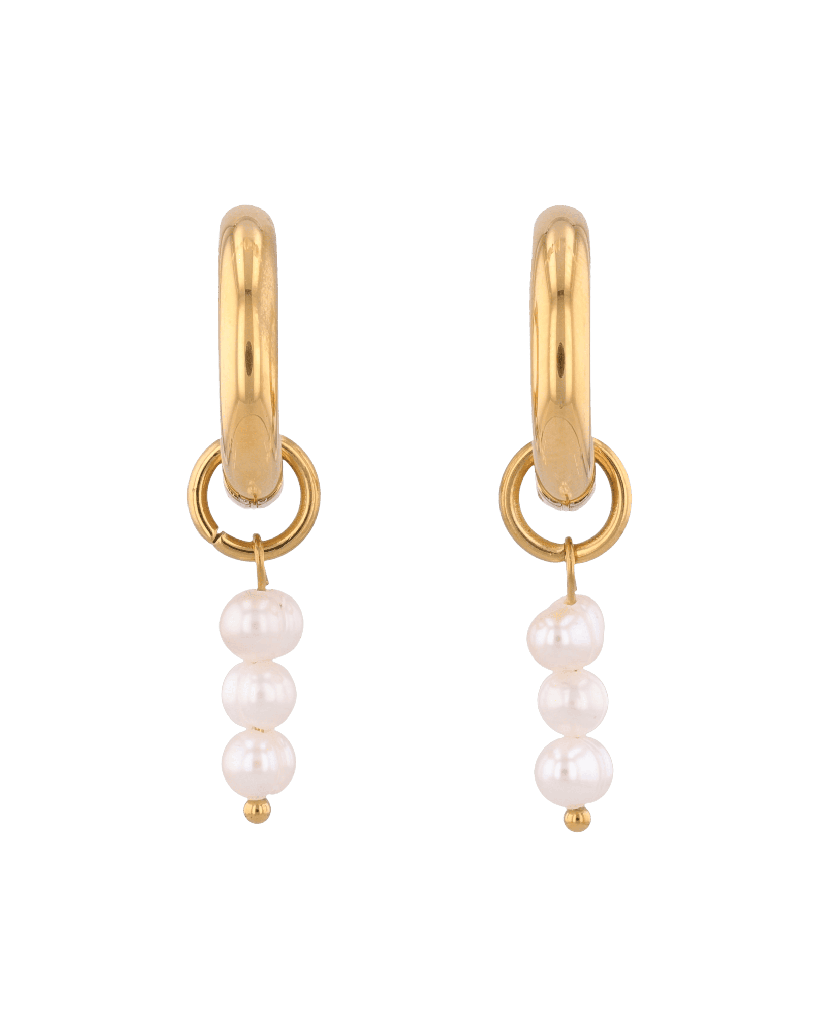 Pebble Pearl Charm Gold Huggie Earrings by LAVANA, domed huggies with three freshwater pearl charms