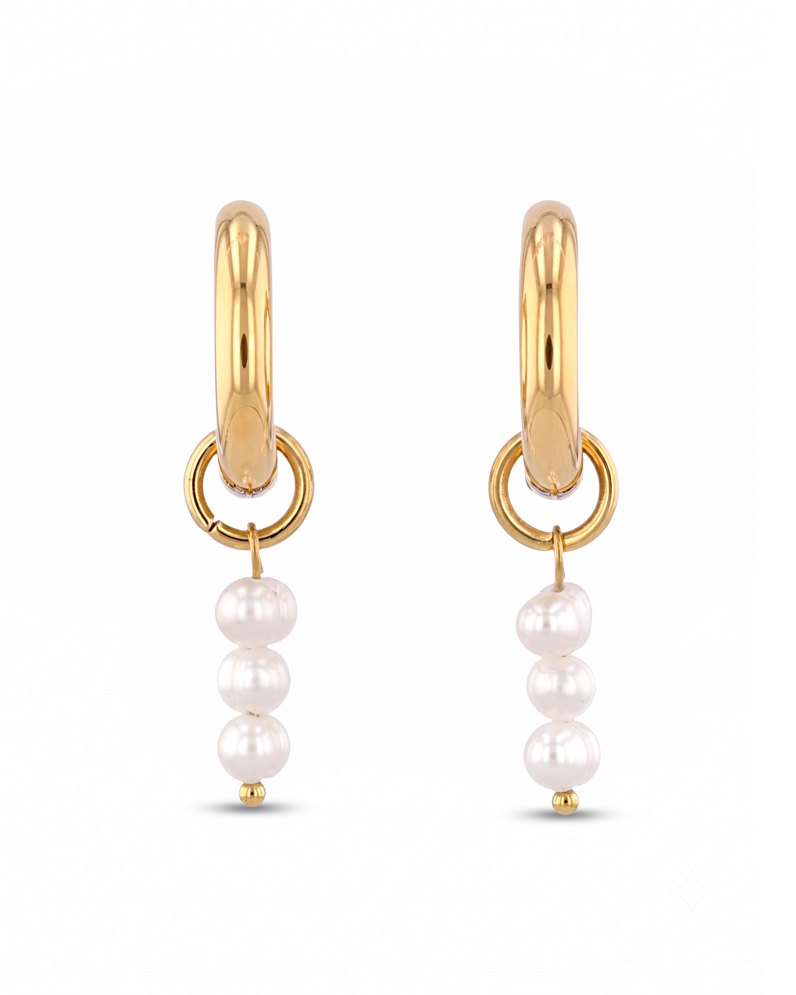 Pebble Pearl Charm Gold Huggie Earrings by LAVANA, domed huggies with three freshwater pearl charms