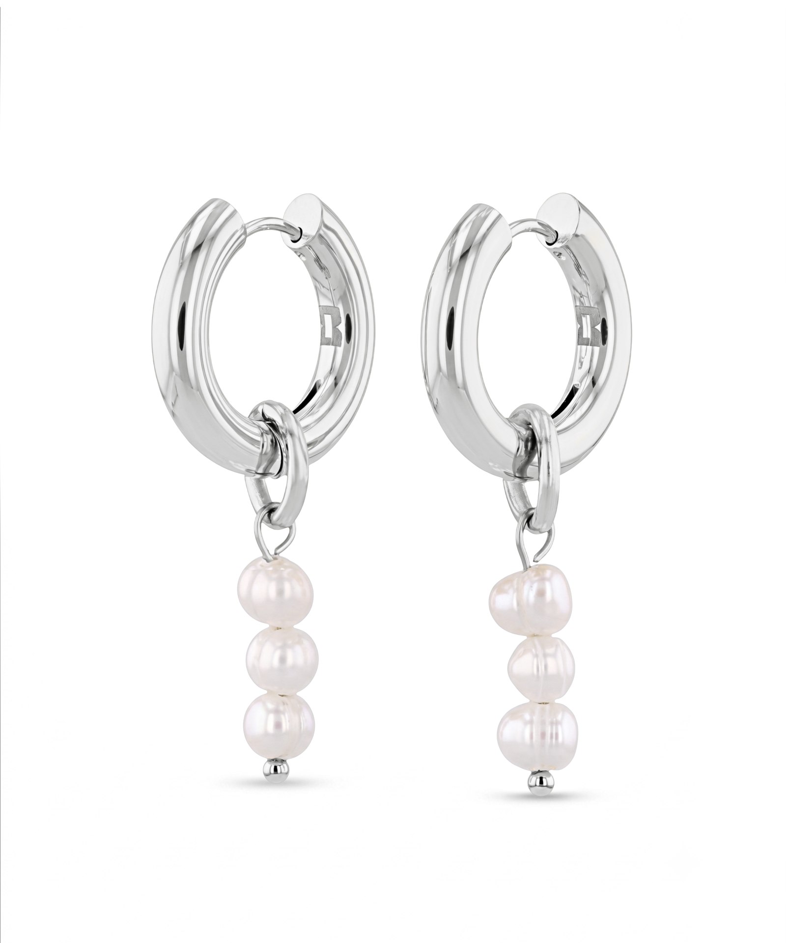 Pebble Pearl Charm Silver Huggie Earrings by LAVANA, domed huggies with three freshwater pearl charms