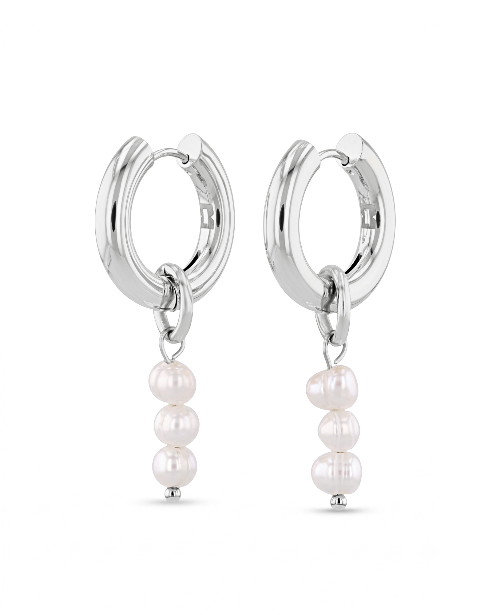 Pebble Pearl Charm Silver Huggie Earrings by LAVANA, domed huggies with three freshwater pearl charms