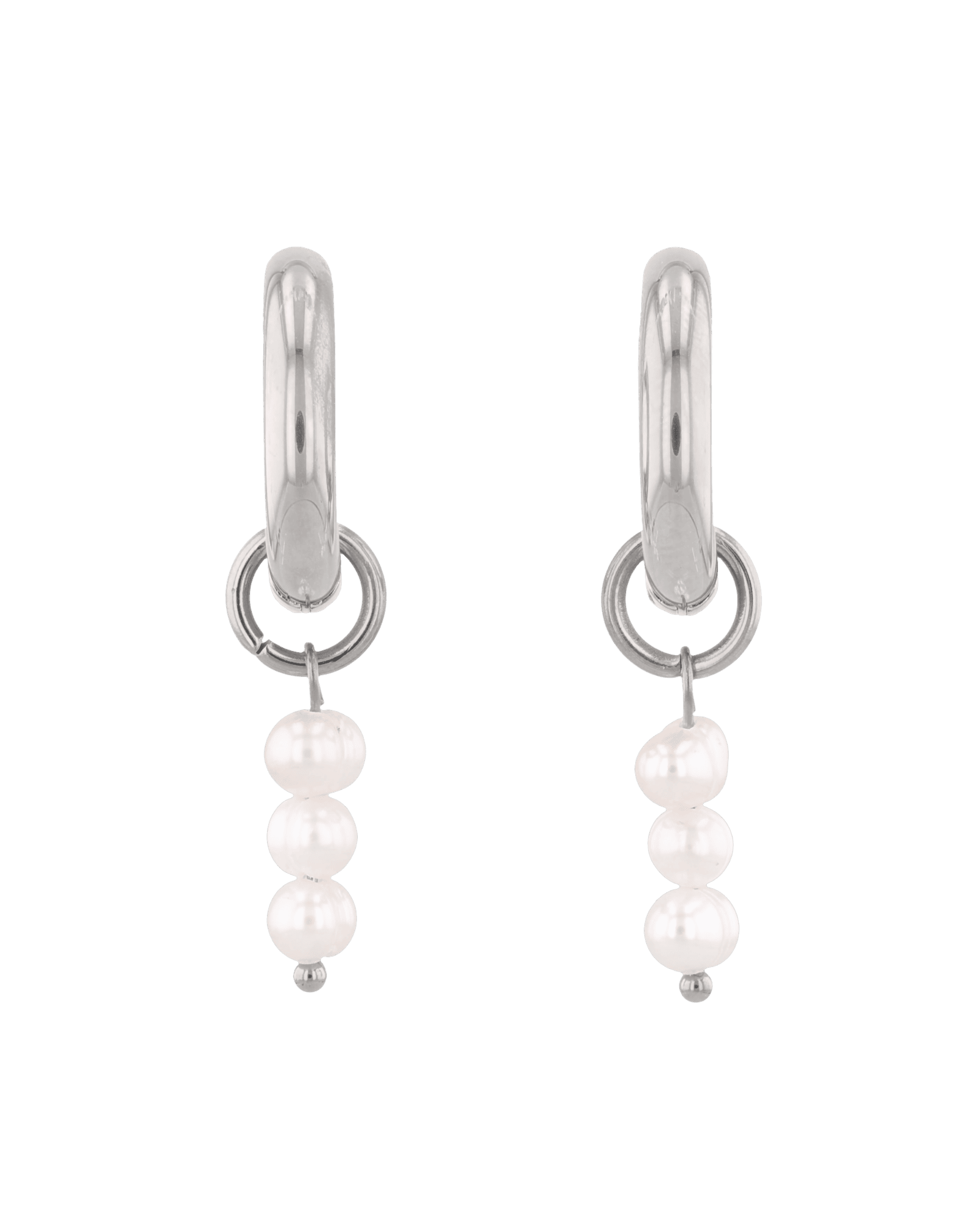 Pebble Pearl Charm Silver Huggie Earrings by LAVANA, domed huggies with three freshwater pearl charms