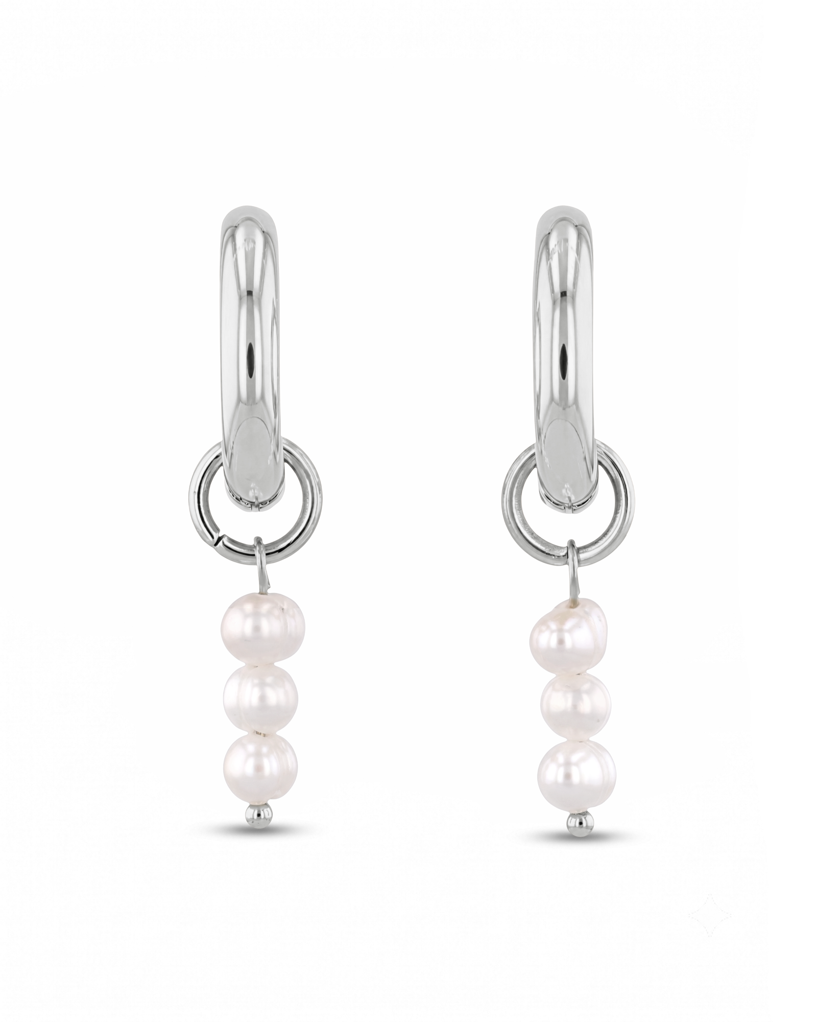 Pebble Pearl Charm Silver Huggie Earrings by LAVANA, domed huggies with three freshwater pearl charms