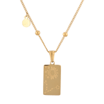 Pisces Gold Zodiac Tag Necklace by Lavana, engraved tag on beaded chain, back view