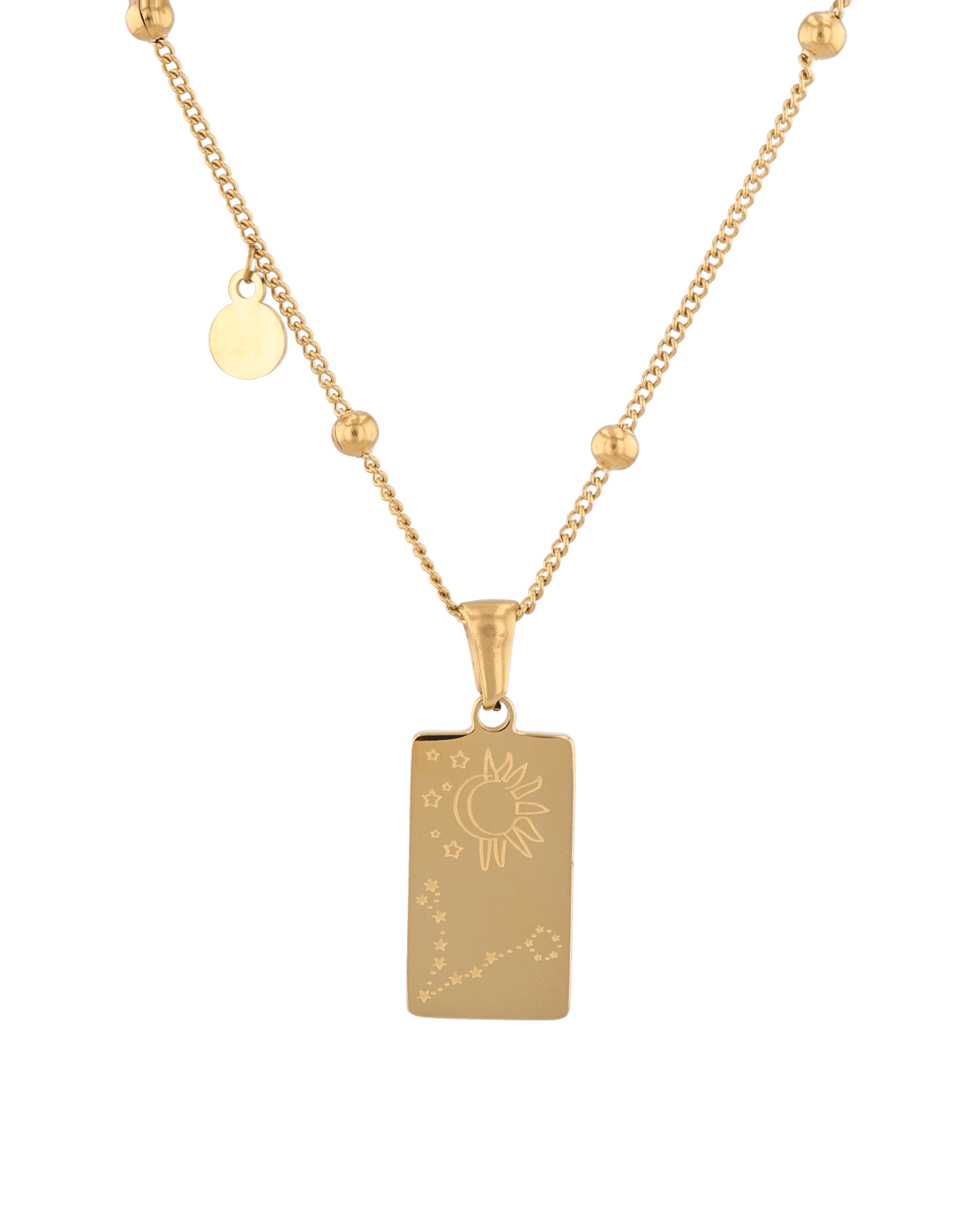 Pisces Gold Zodiac Tag Necklace by Lavana, engraved tag on beaded chain, back view