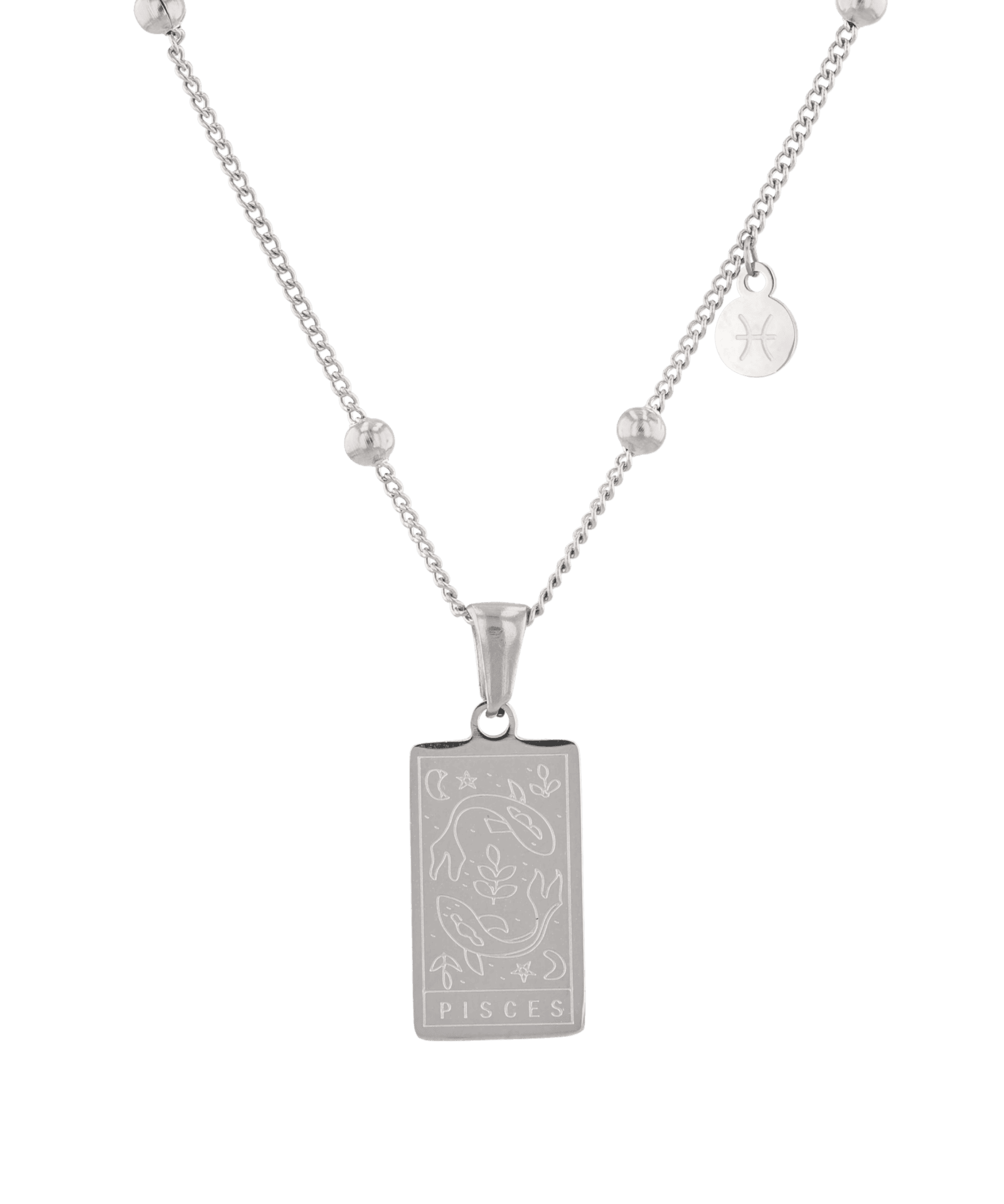 Pisces Silver Zodiac Tag Necklace by Lavana, engraved tag on beaded chain, front view