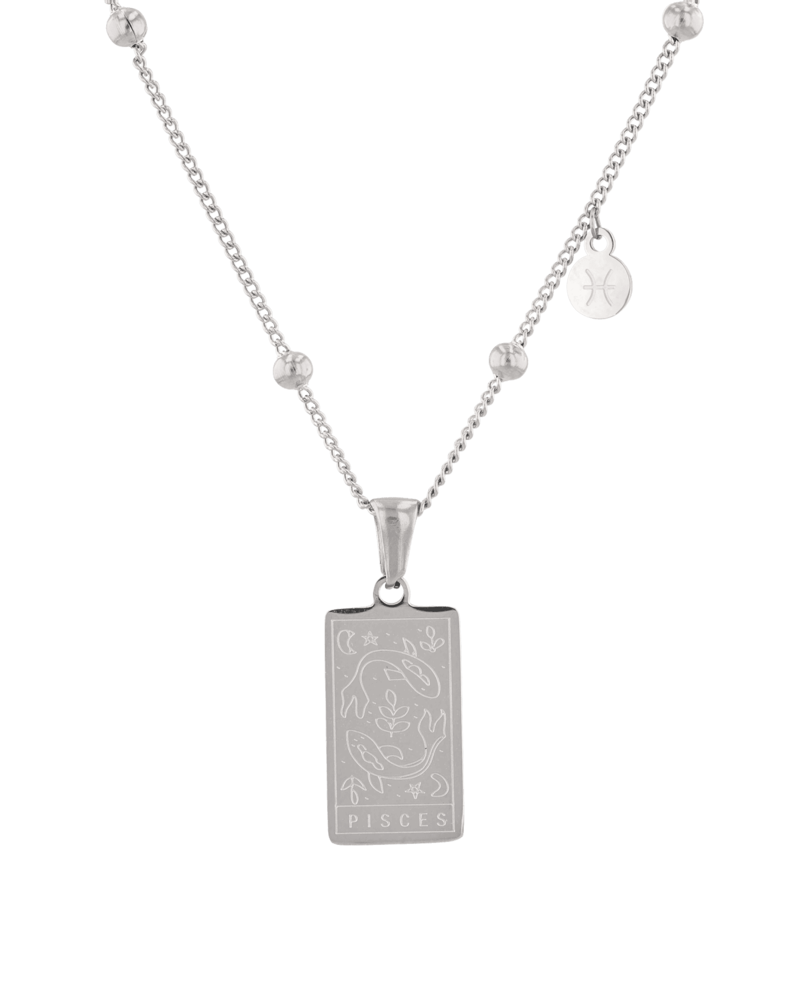 Pisces Silver Zodiac Tag Necklace by Lavana, engraved tag on beaded chain, front view