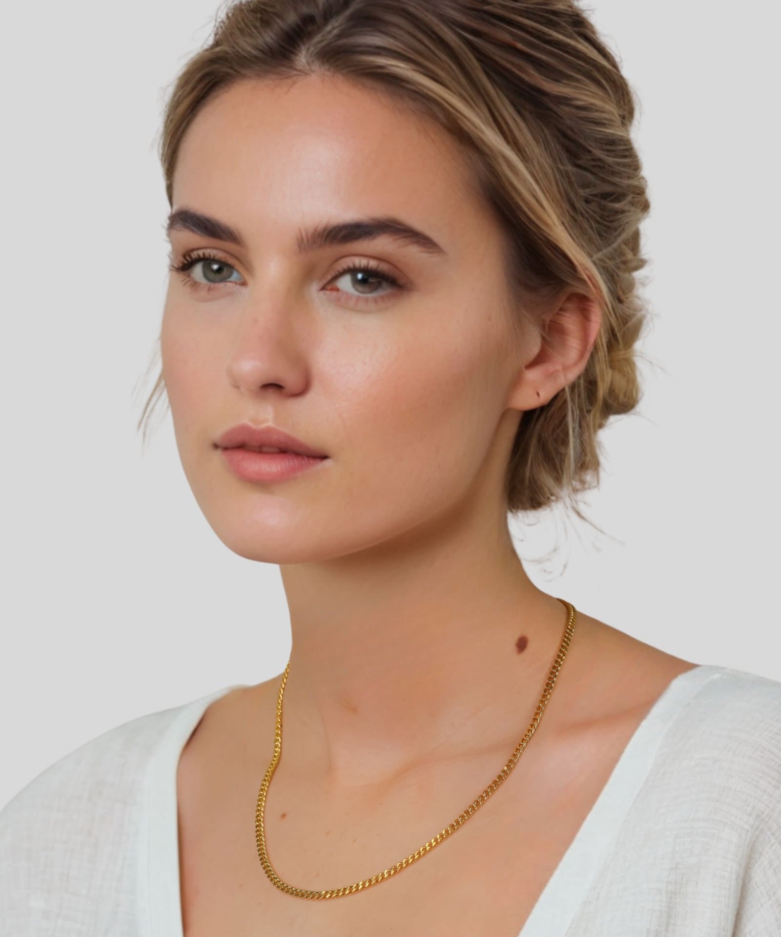 Porto Gold Curb Chain Necklace by Lavana on model chunky polished curb links with smooth drape