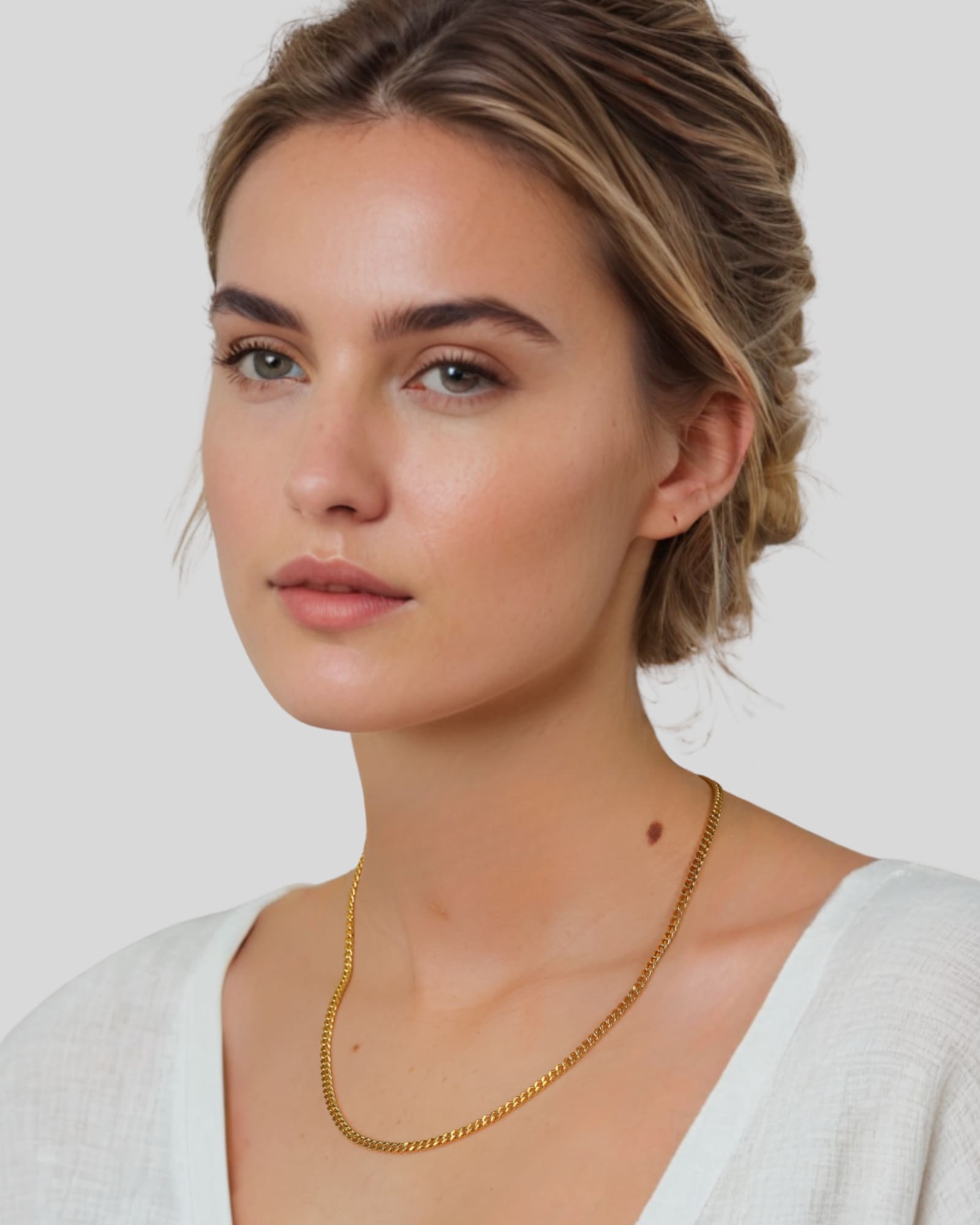 Porto Gold Curb Chain Necklace by Lavana on model chunky polished curb links with smooth drape