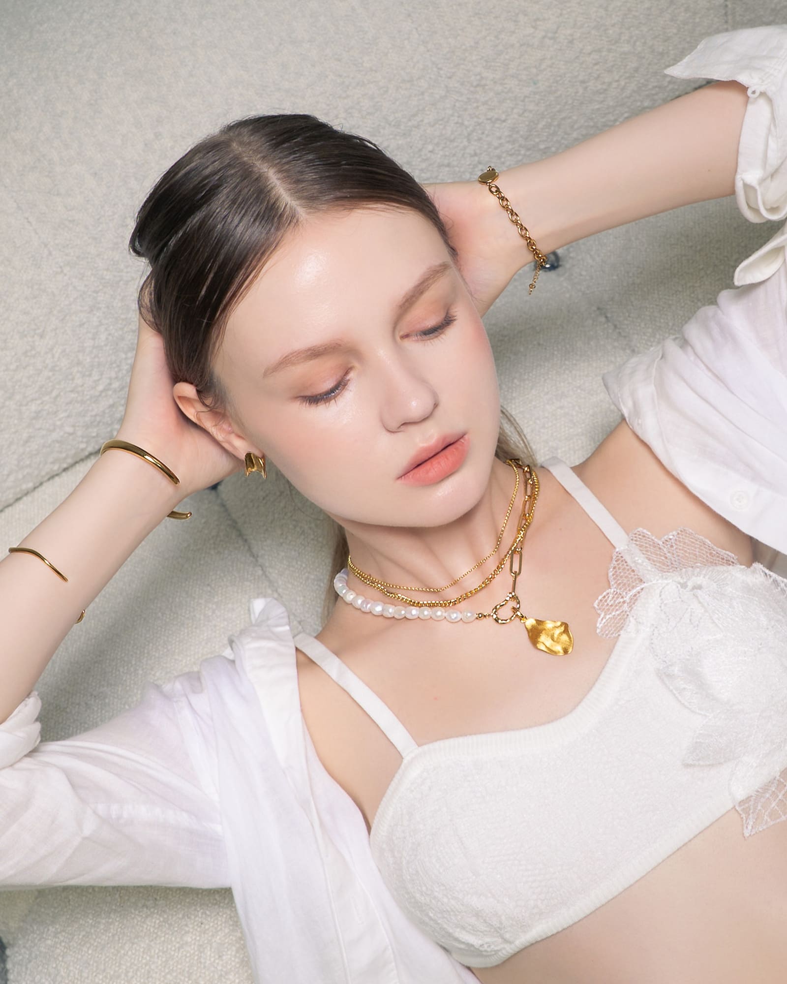 Porto Gold Curb Chain Necklace by Lavana, on model chunky polished modern curb links with smooth drape