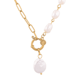 Positano gold pearl necklace by Lavana, asymmetric paperclip links with baroque pearl drop